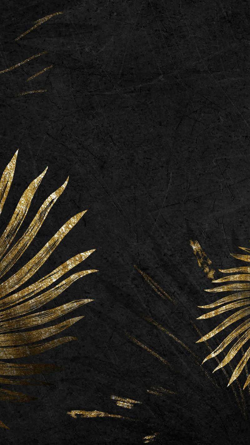 elegant black and gold, golden tropical leaves, textured black background, HD Phone Wallpaper