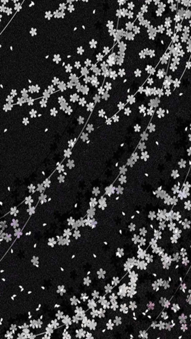 silver cherry blossoms, deep black background, minimalist digital-art pattern, SD Phone Wallpaper