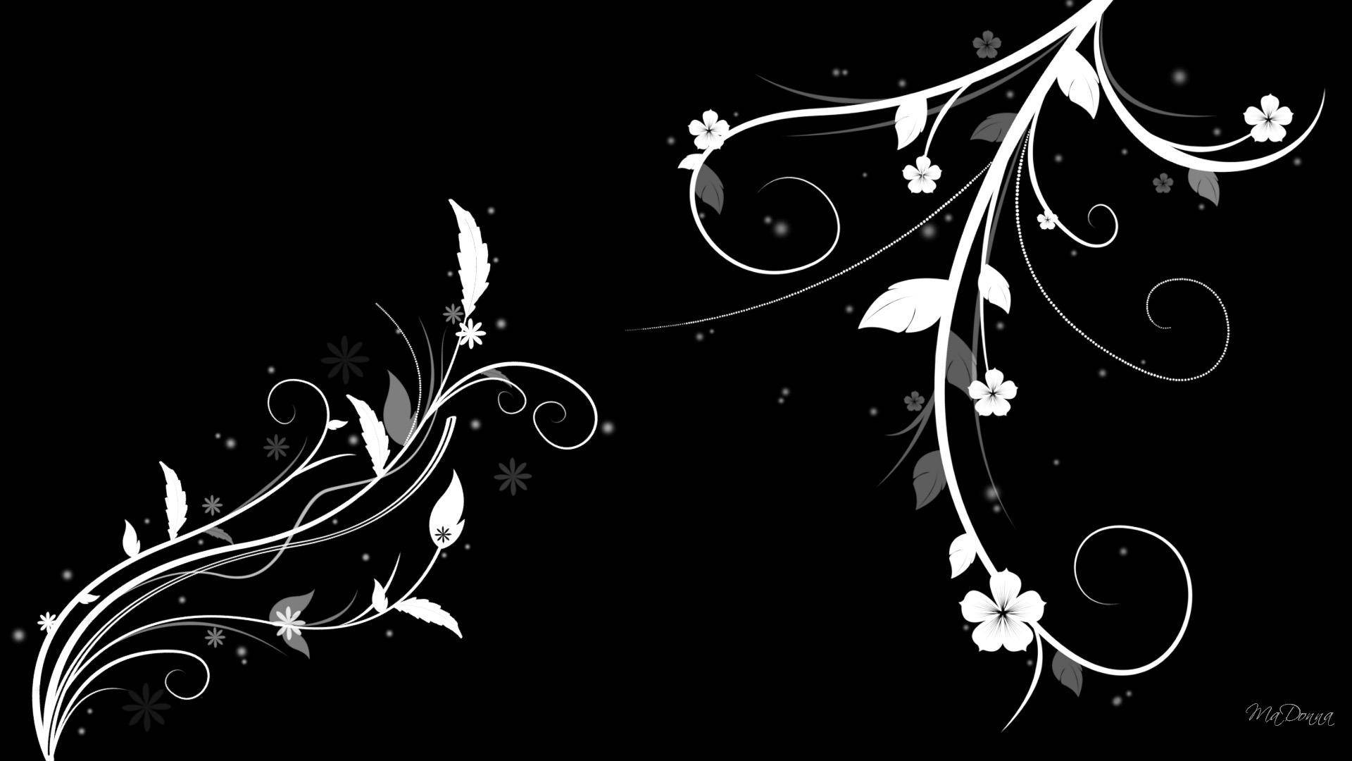 Black And White Flower, white floral swirls, leaves, Full HD Desktop Wallpaper