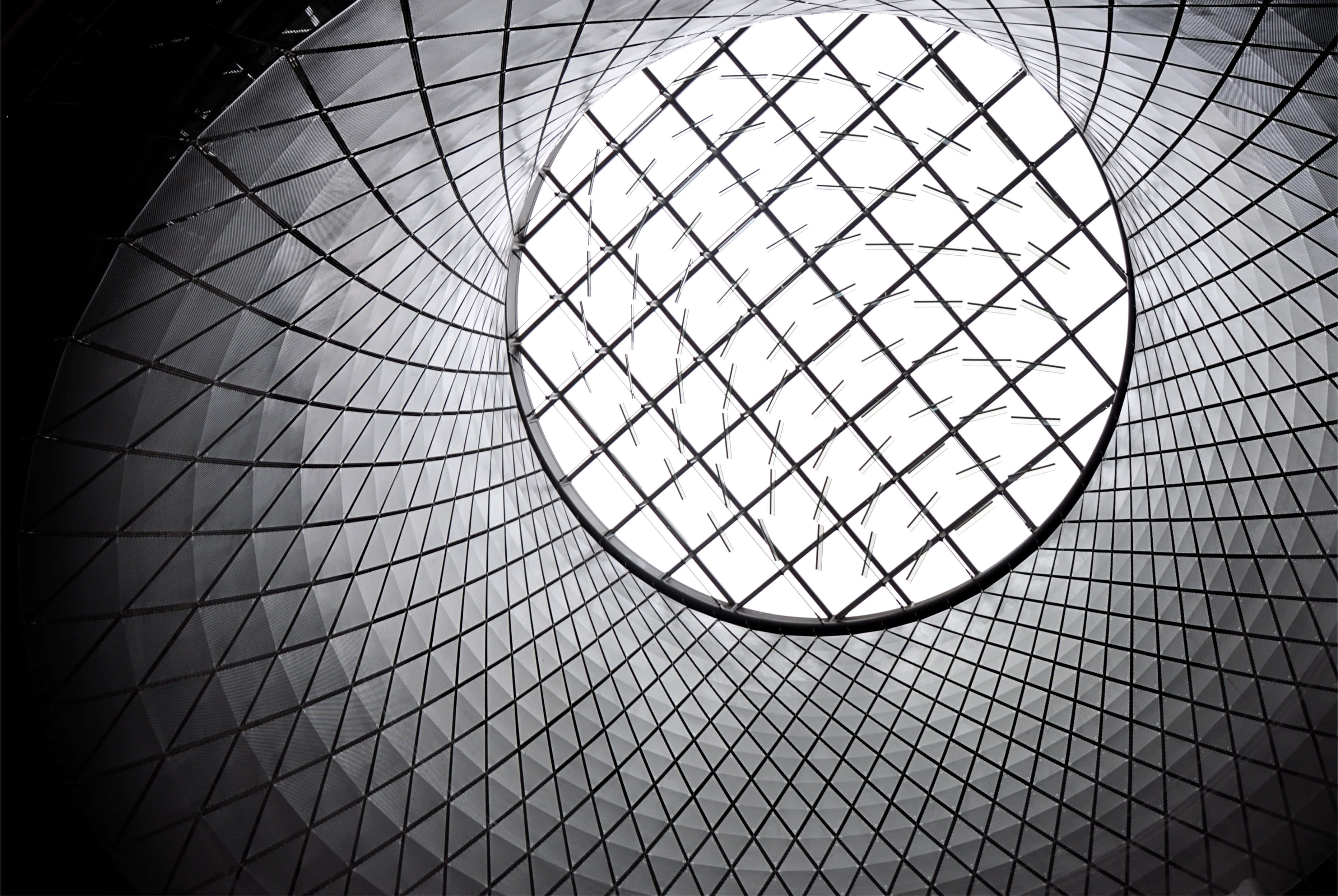 black and white geometric patterns, geometric glass dome, bright circular skylight, 2K Desktop Wallpaper