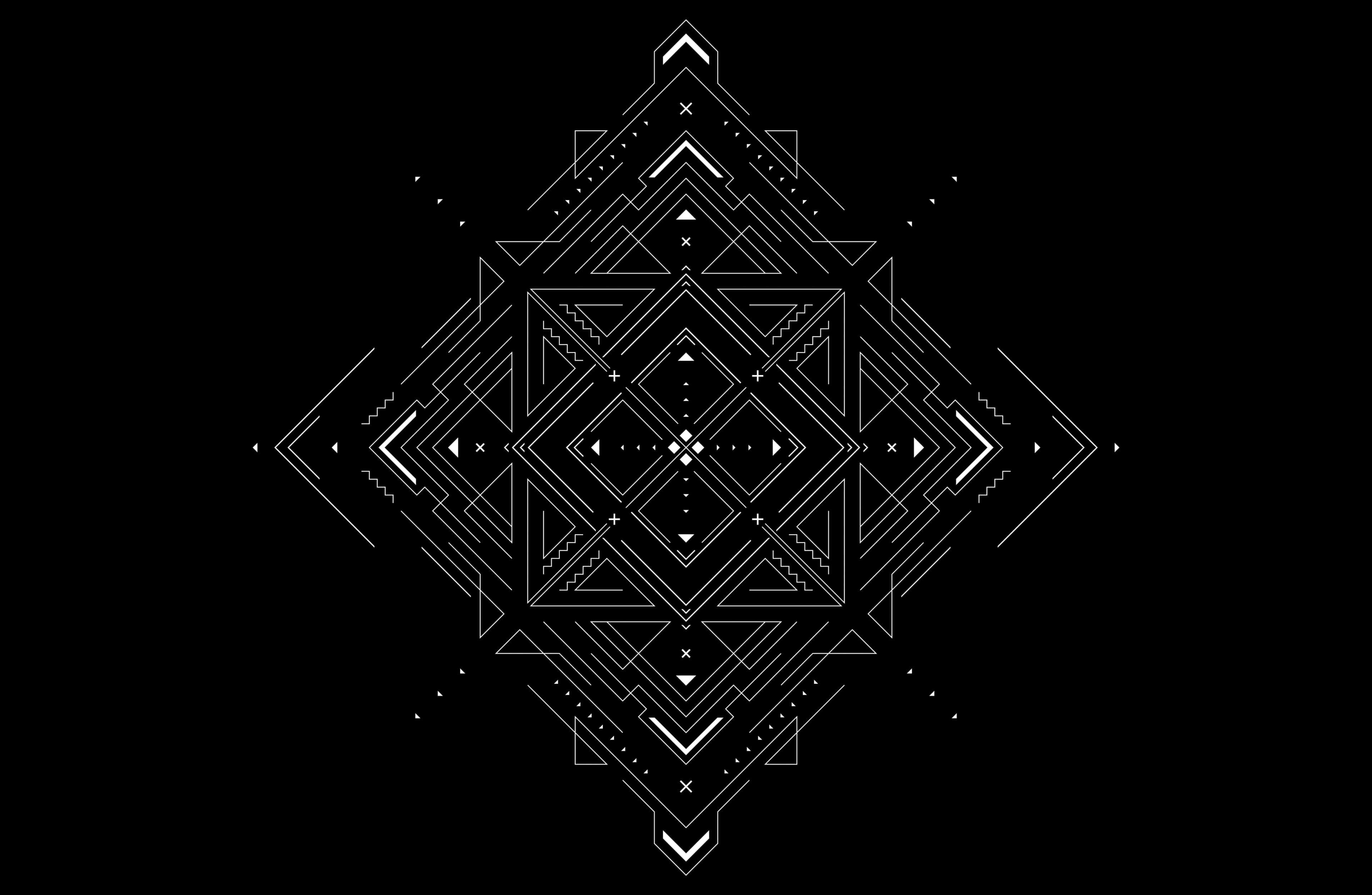 black and white geometric, white geometric pattern, central diamond, 4K Desktop Wallpaper