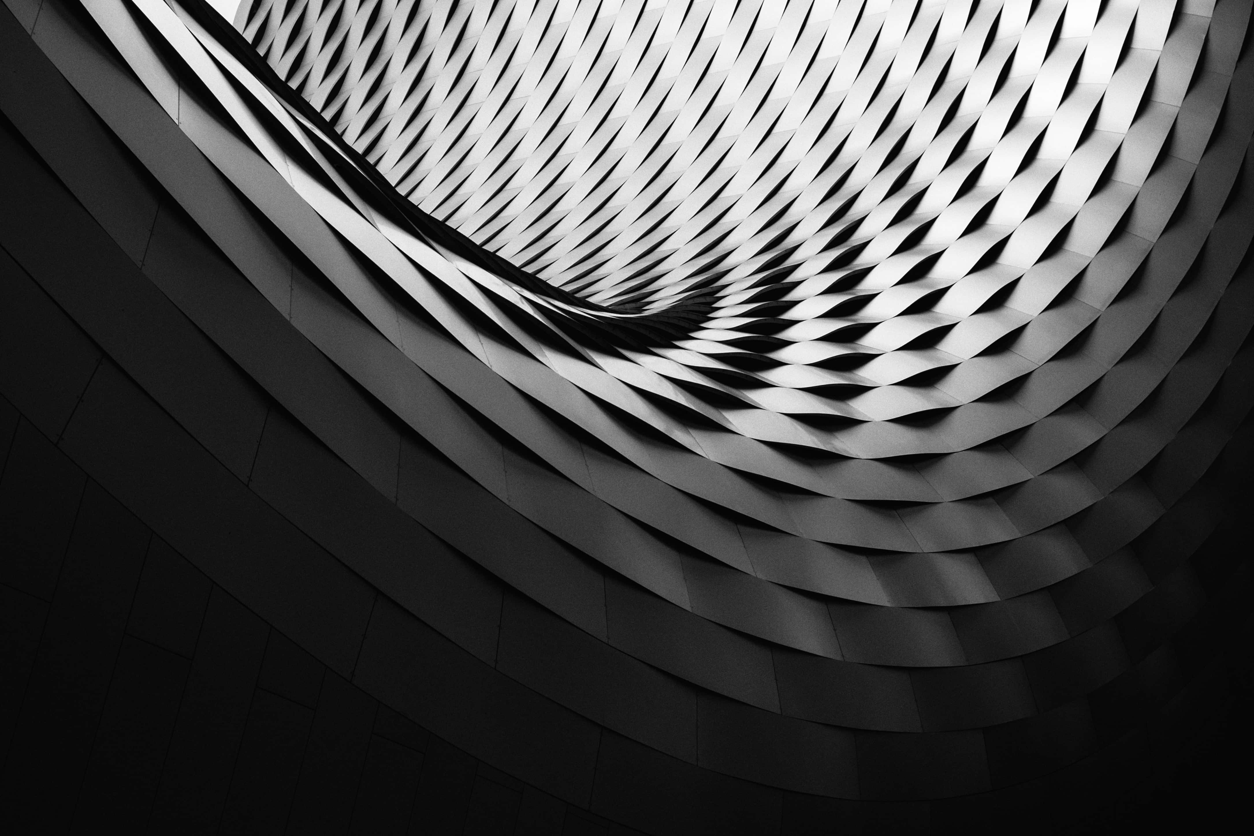 black and white abstract, monochrome architectural pattern, curved interlocking geometric panels, 4K Desktop Wallpaper