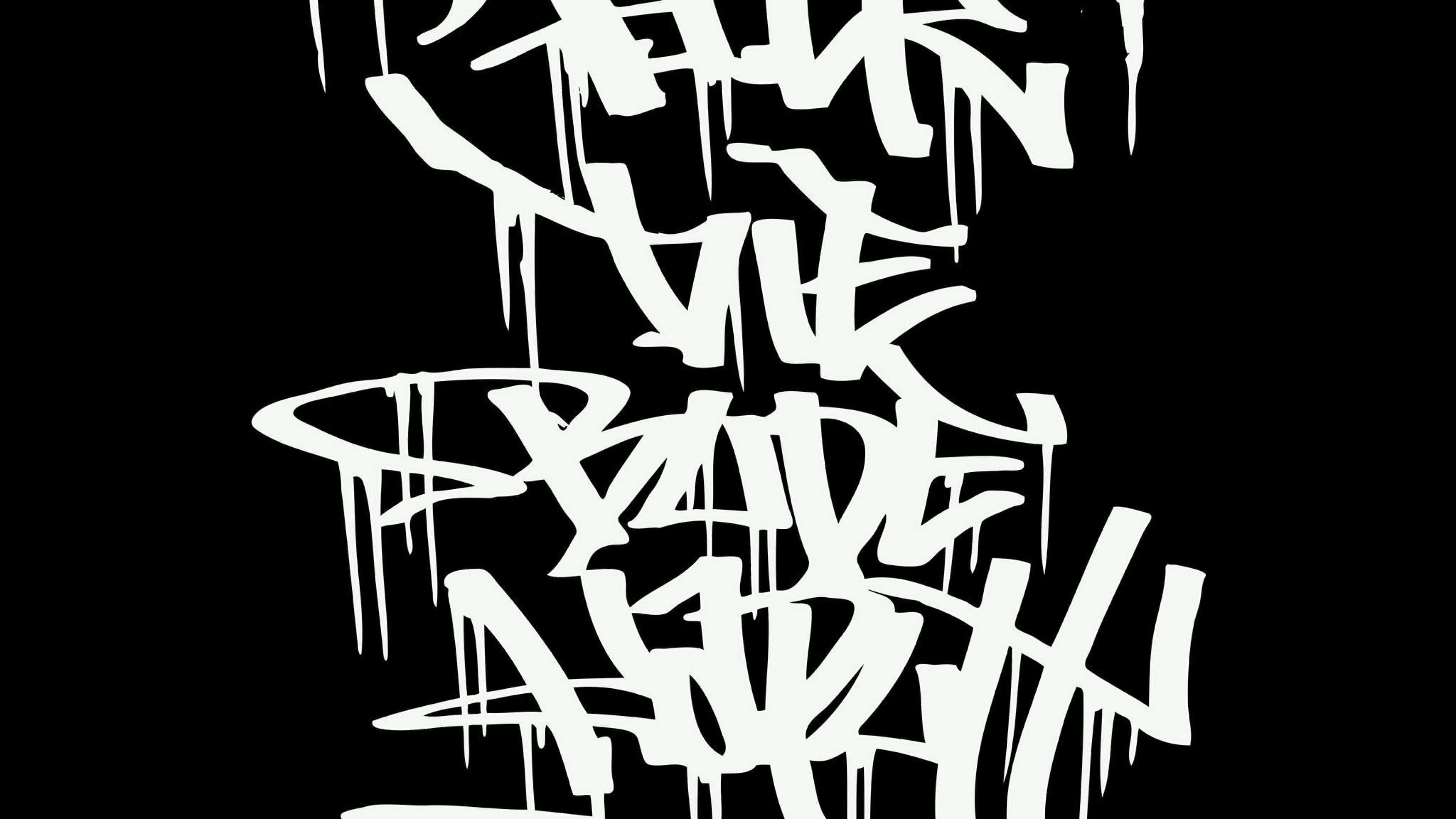 Black and White Graffiti, white graffiti letters, stark black background, 4K Desktop Wallpaper