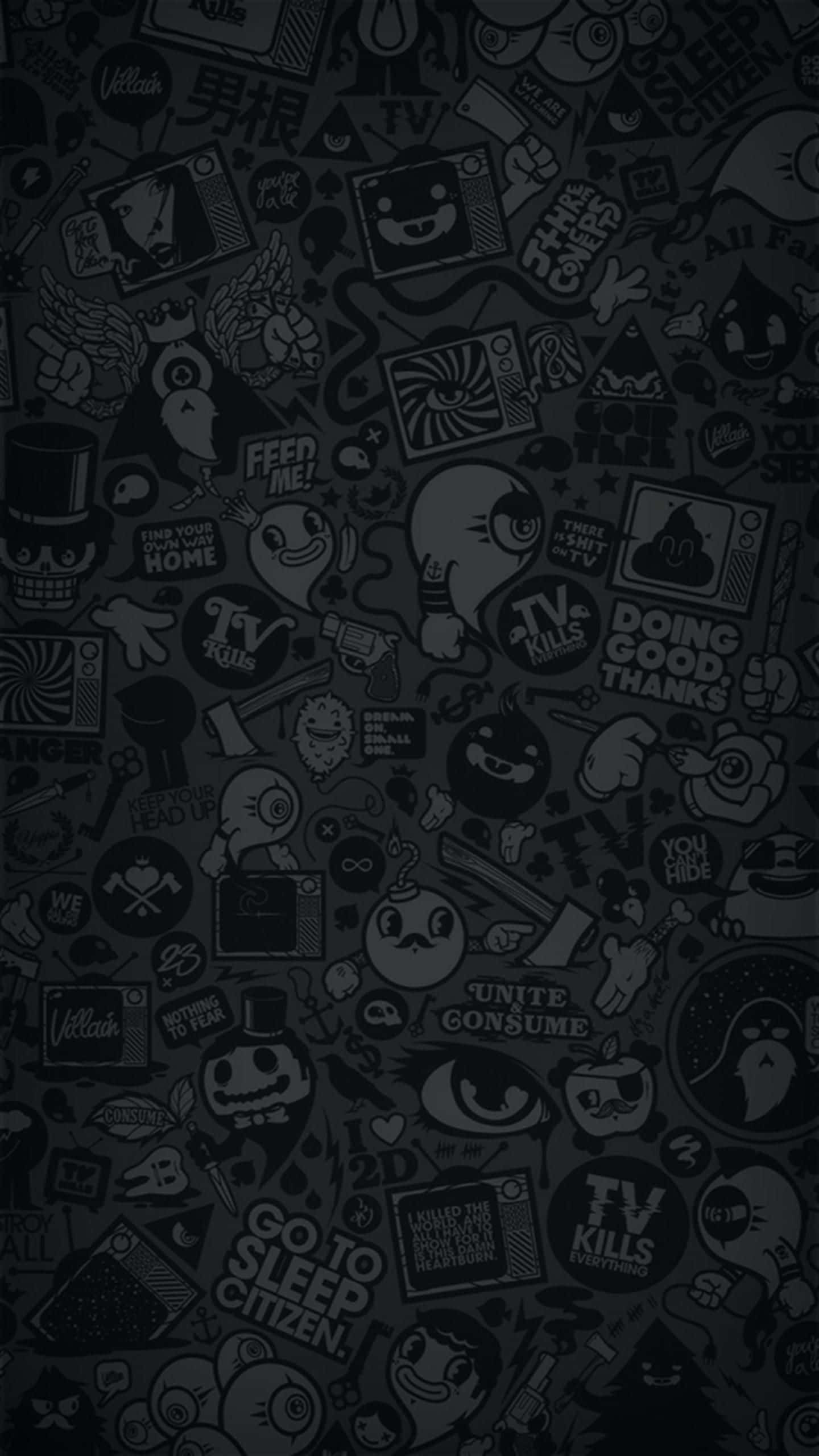 Black And White Graffiti, chaotic cartoon stickers, pop culture icons, 2K Phone Wallpaper