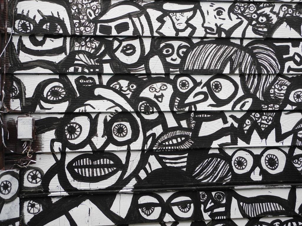 black and white graffiti, stylized cartoon faces, exaggerated eyes, SD Desktop Wallpaper