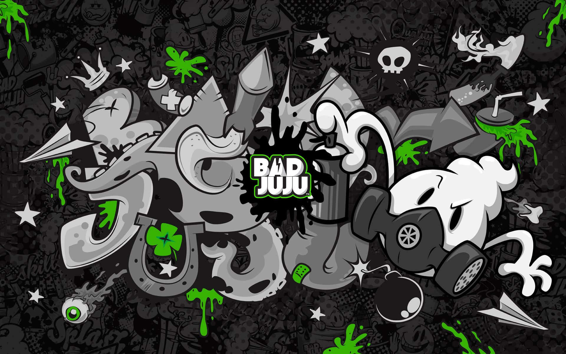 black and white graffiti, green splatters, skull motifs, Full HD Desktop Wallpaper