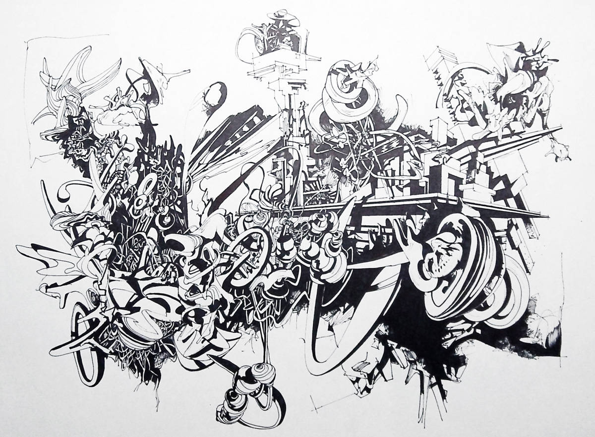 black and white graffiti abstract, chaotic black and white ink drawing, abstract swirling forms, SD Desktop Wallpaper
