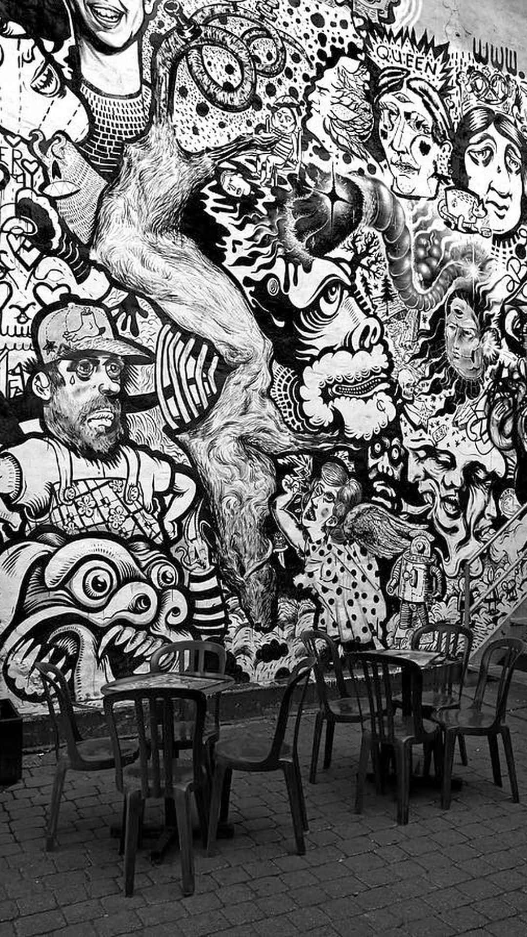 black and white graffiti, chaotic cartoonish faces, figures, Full HD Phone Wallpaper