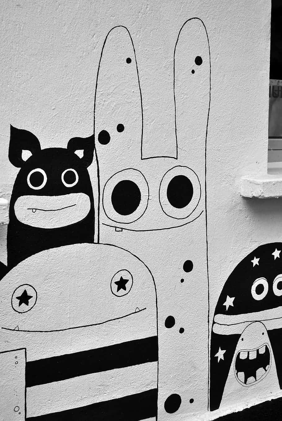 black and white street art mural, whimsical cartoon creatures, textured wall, HD Phone Wallpaper