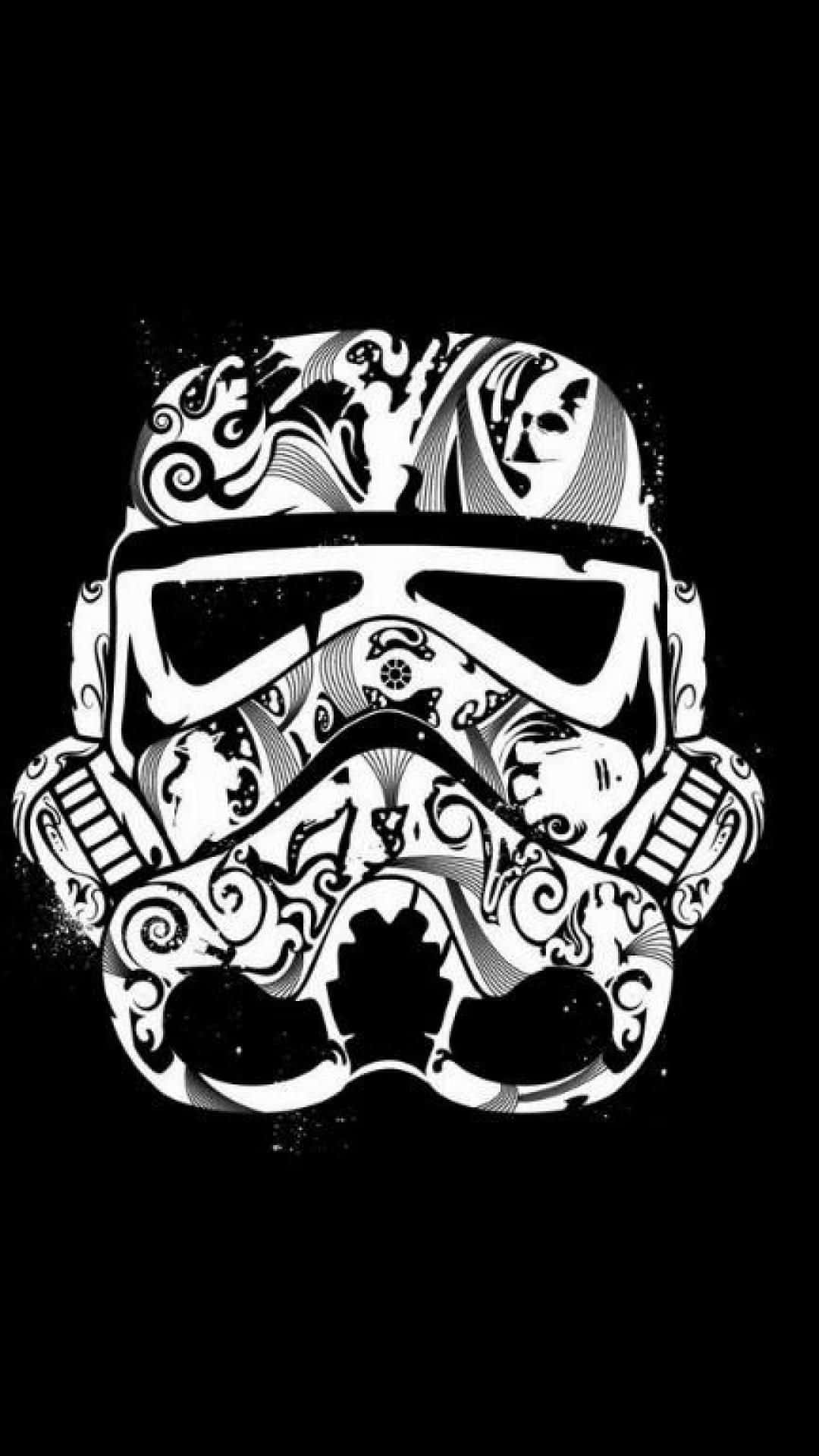 black and white graffiti, tattoo-style stormtrooper helmet, intricate swirling patterns, Full HD Phone Wallpaper