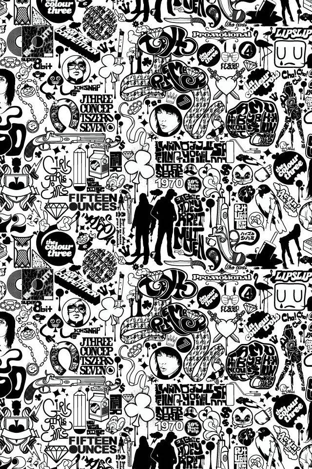 black and white graffiti, hand-drawn doodles, stickers, SD Phone Wallpaper