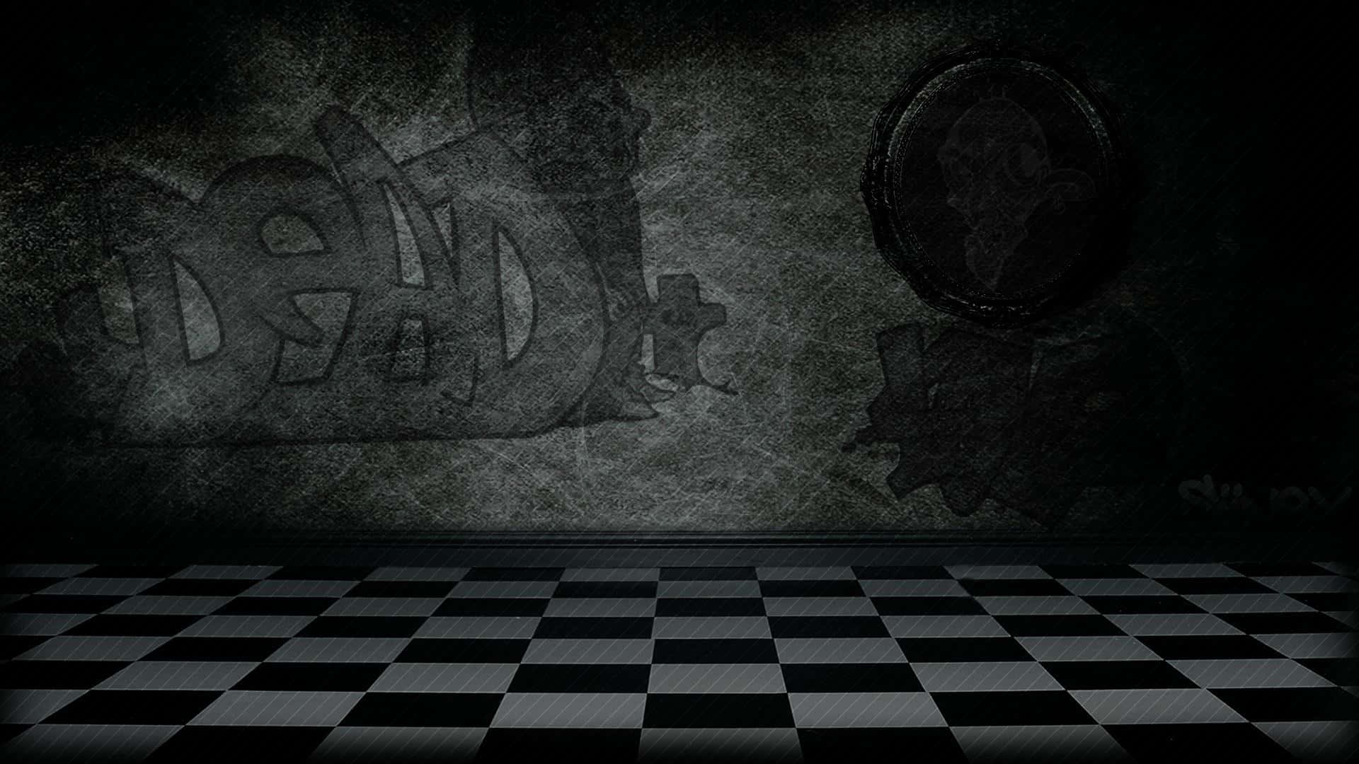 black and white graffiti, checkered floor, ghostly portrait, Full HD Desktop Wallpaper