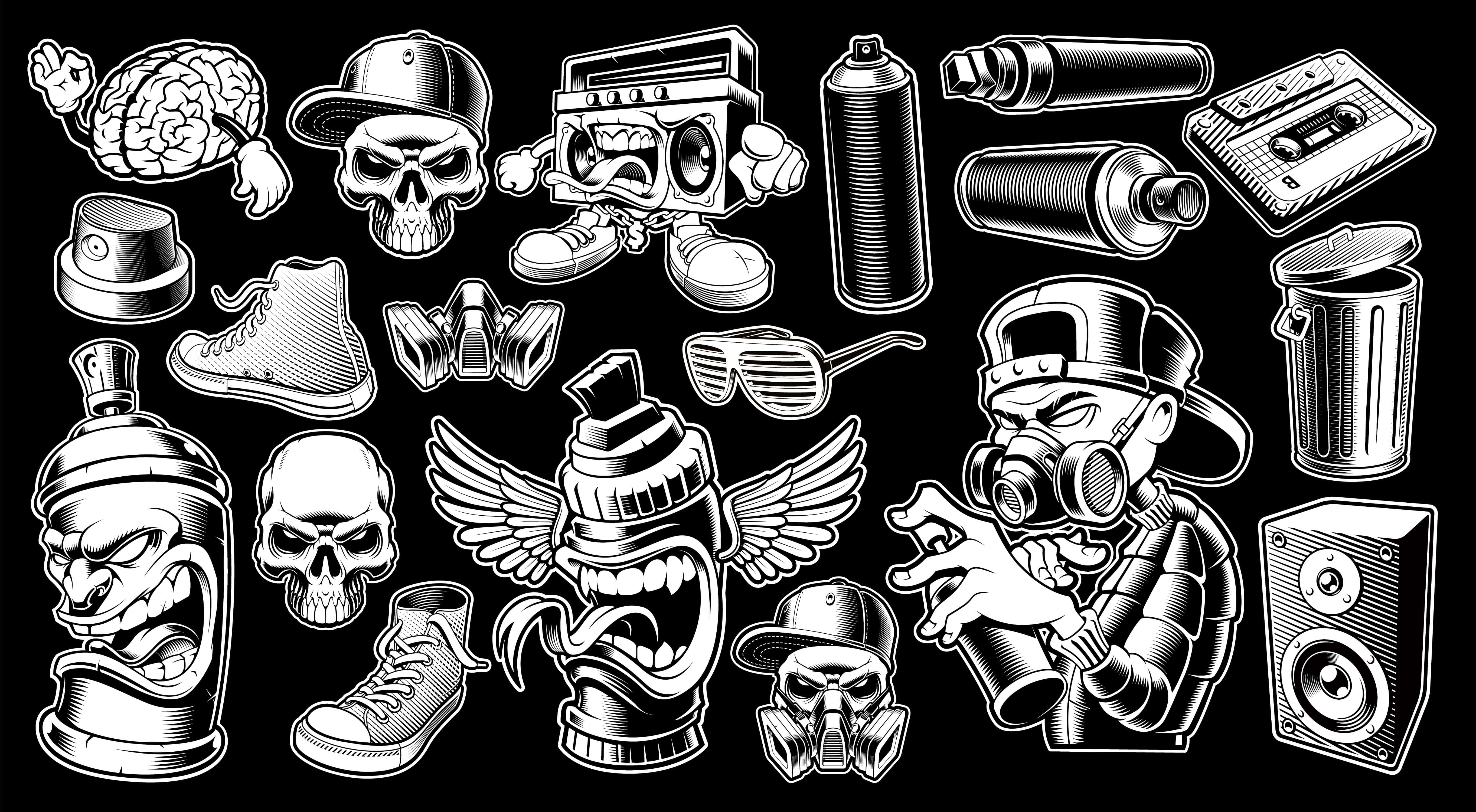 black and white graffiti, skulls, spray cans, 5K Desktop Wallpaper