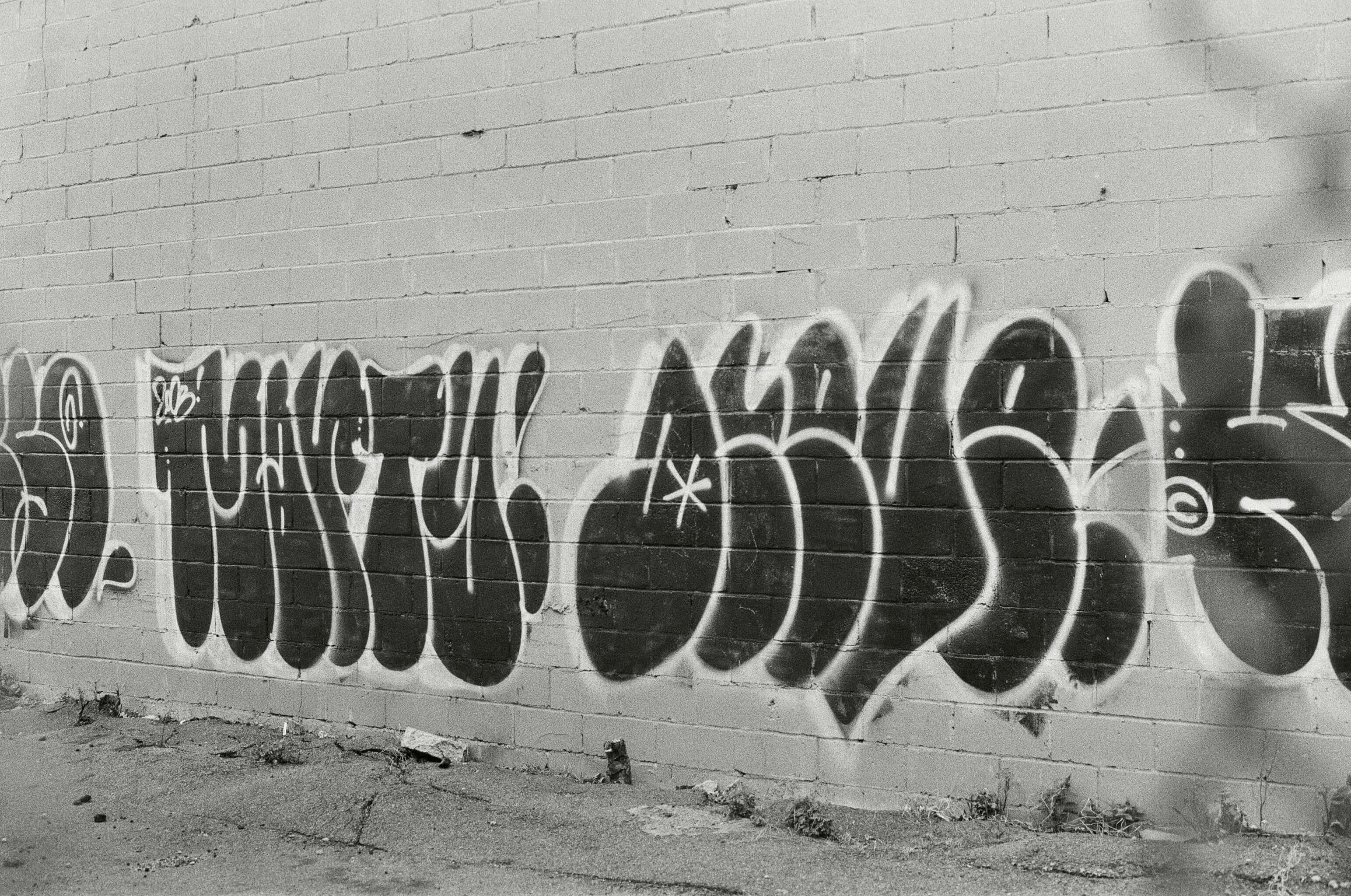 Black And White Graffiti, gritty urban decay, weathered brick wall, 2K Desktop Wallpaper