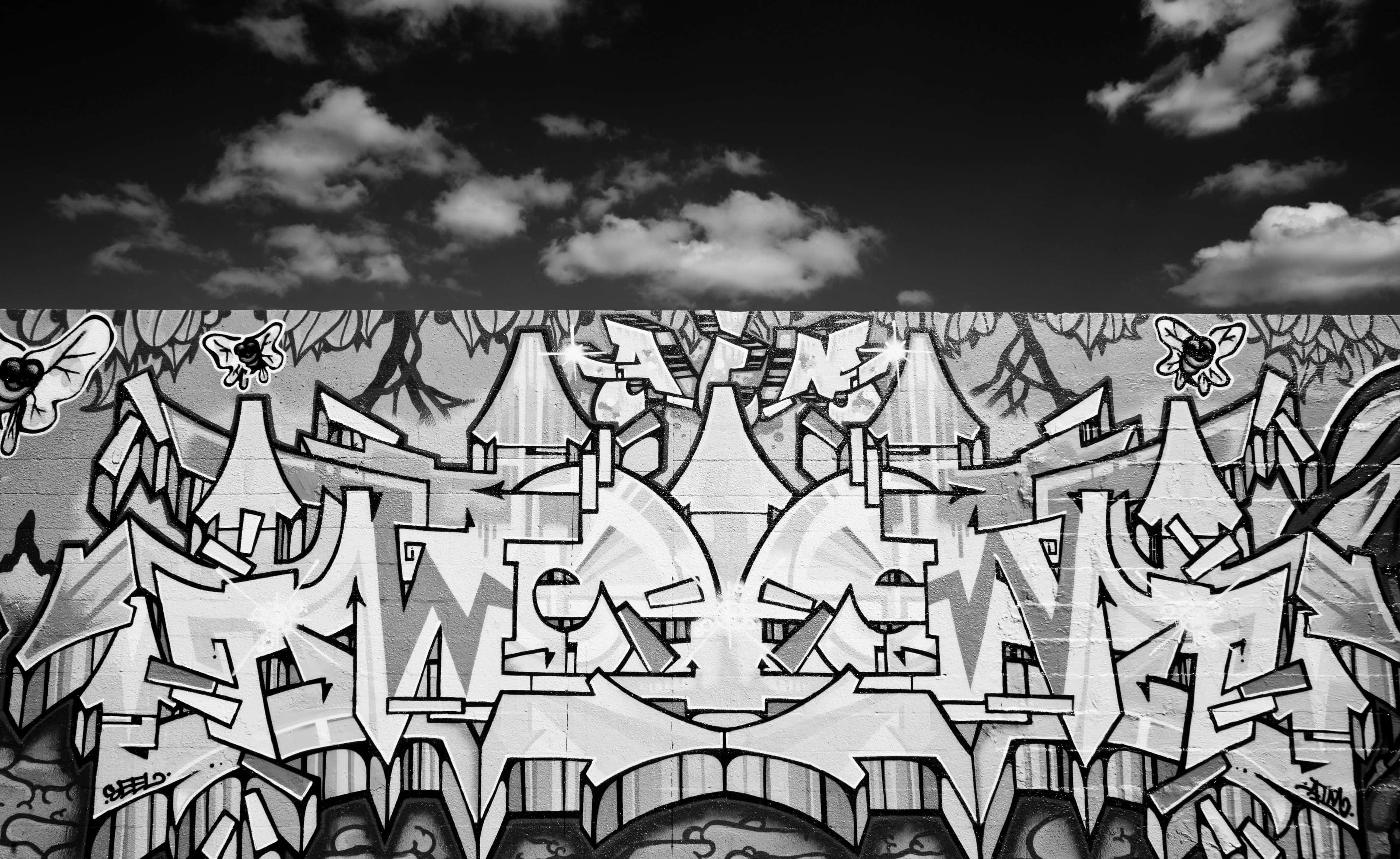 Black And White Graffiti, stylized letters, butterfly motifs, 2K Desktop Wallpaper