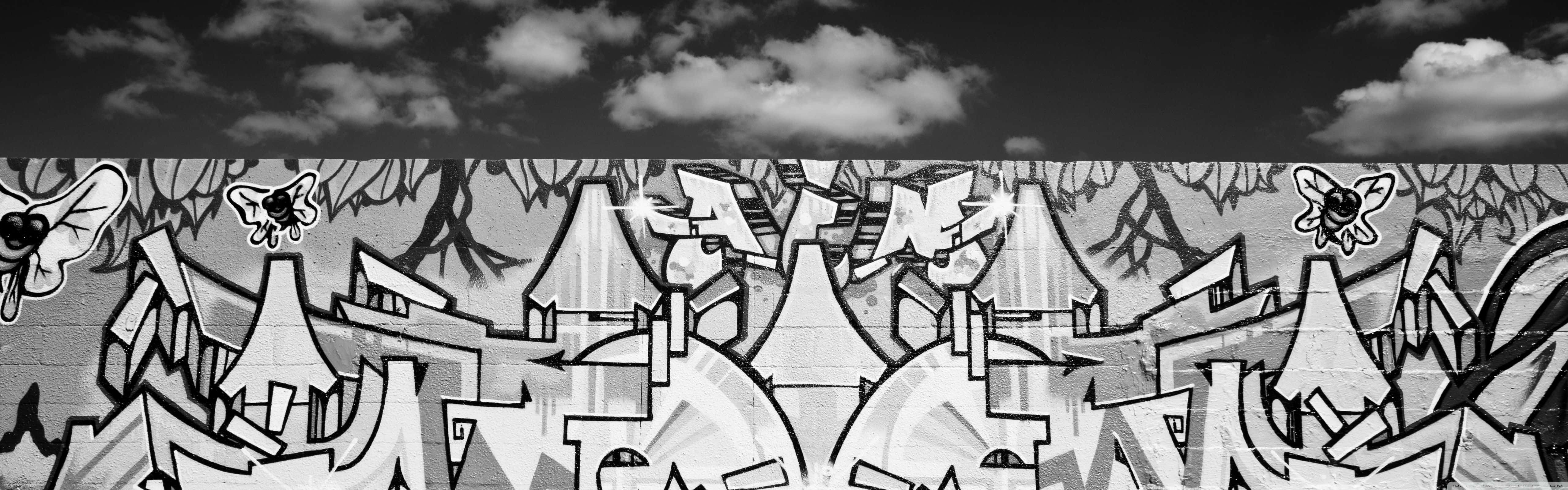 black and white graffiti, stylized bees, jagged lettering, 5K Desktop Wallpaper