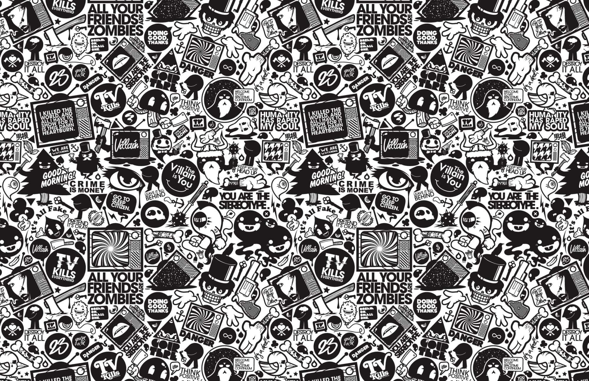black and white graffiti, sticker-style graphics, skulls eyes, Full HD Desktop Wallpaper