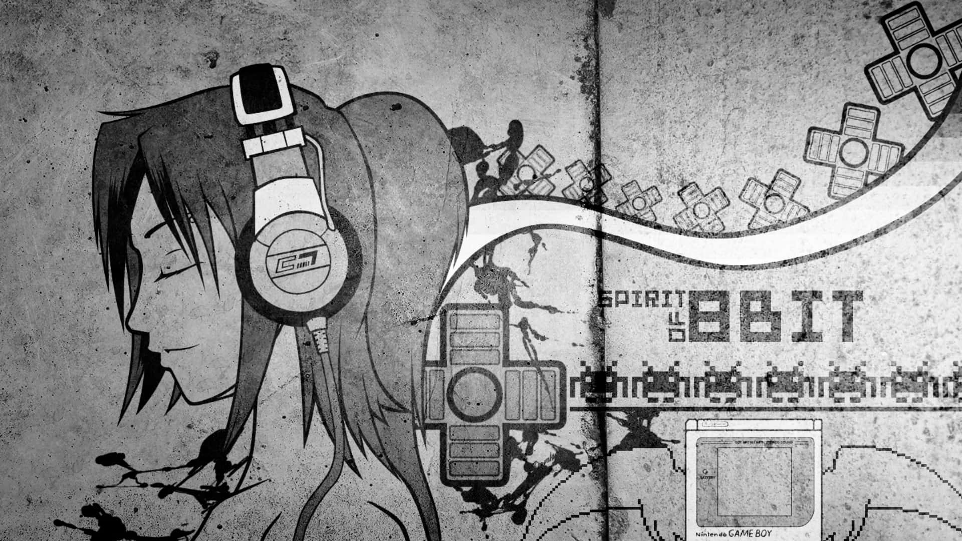 Black And White Graffiti, anime girl, headphones, Full HD Desktop Wallpaper