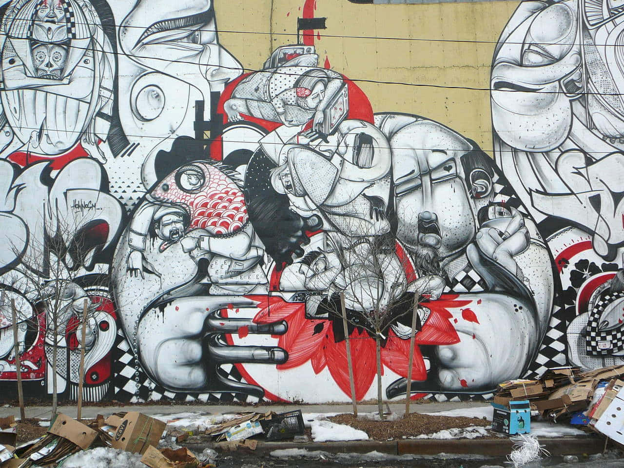 black and white graffiti, abstract faces and figures, weathered urban wall, HD Desktop Wallpaper