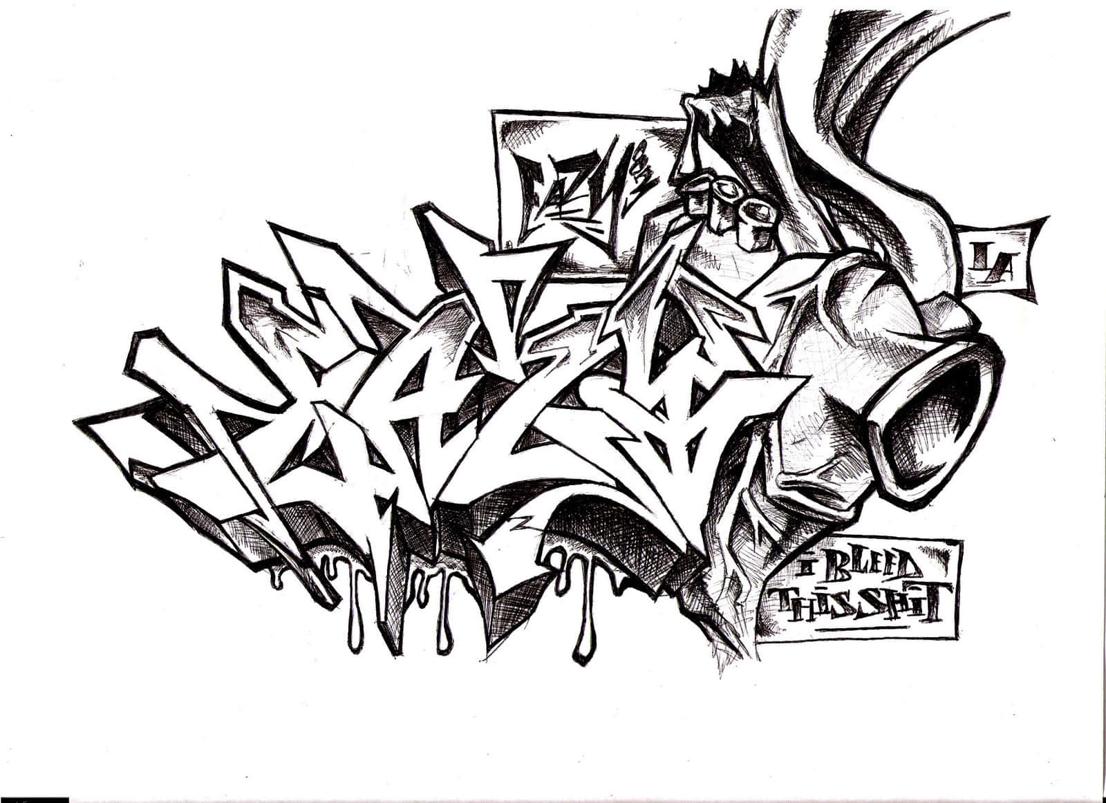 black and white graffiti, dripping letters, stylized skull, HD Desktop Wallpaper