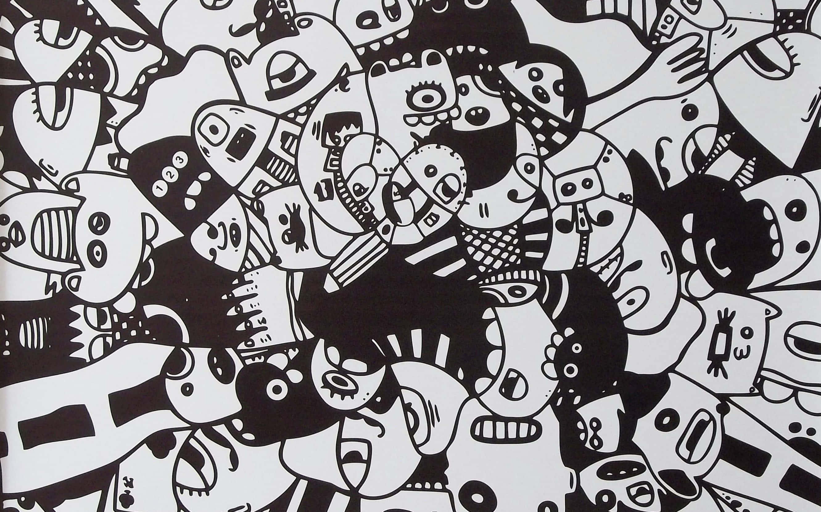 black and white graffiti, chaotic black and white doodle pattern, overlapping cartoon faces, 2K Desktop Wallpaper