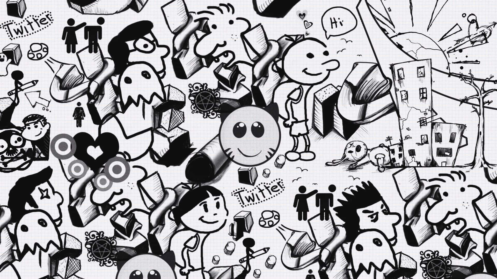 black and white graffiti, cartoon characters, social media icons, Full HD Desktop Wallpaper