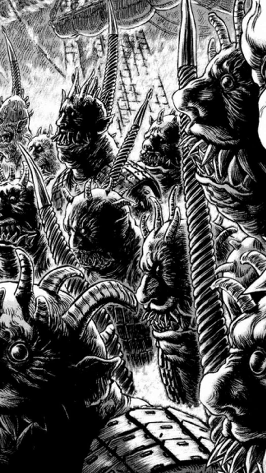 Black and White Graffiti, horned demonic creatures, sharp teeth, Full HD Phone Wallpaper