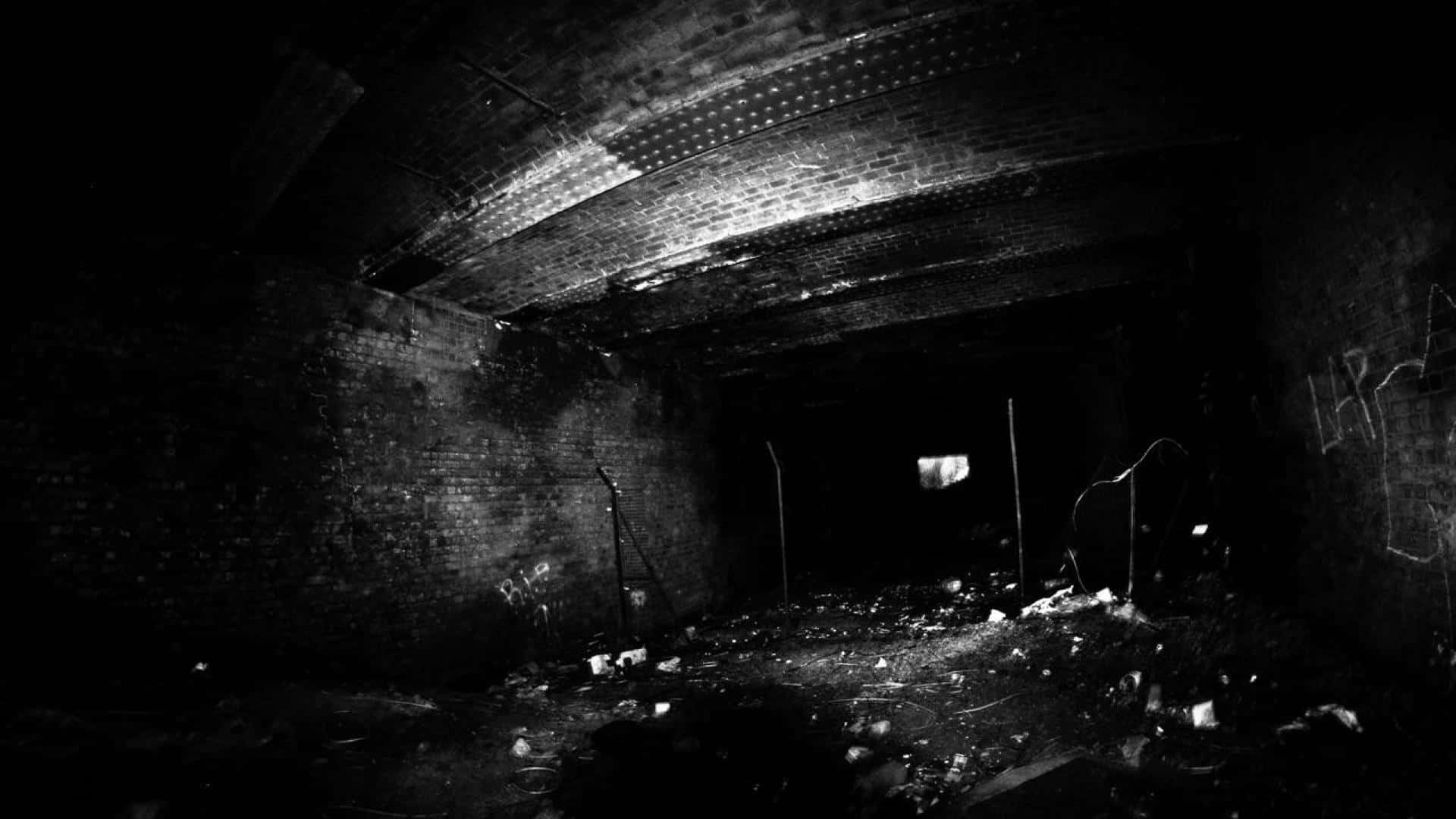 black and white, graffiti, dilapidated brick tunnel, Full HD Desktop Wallpaper