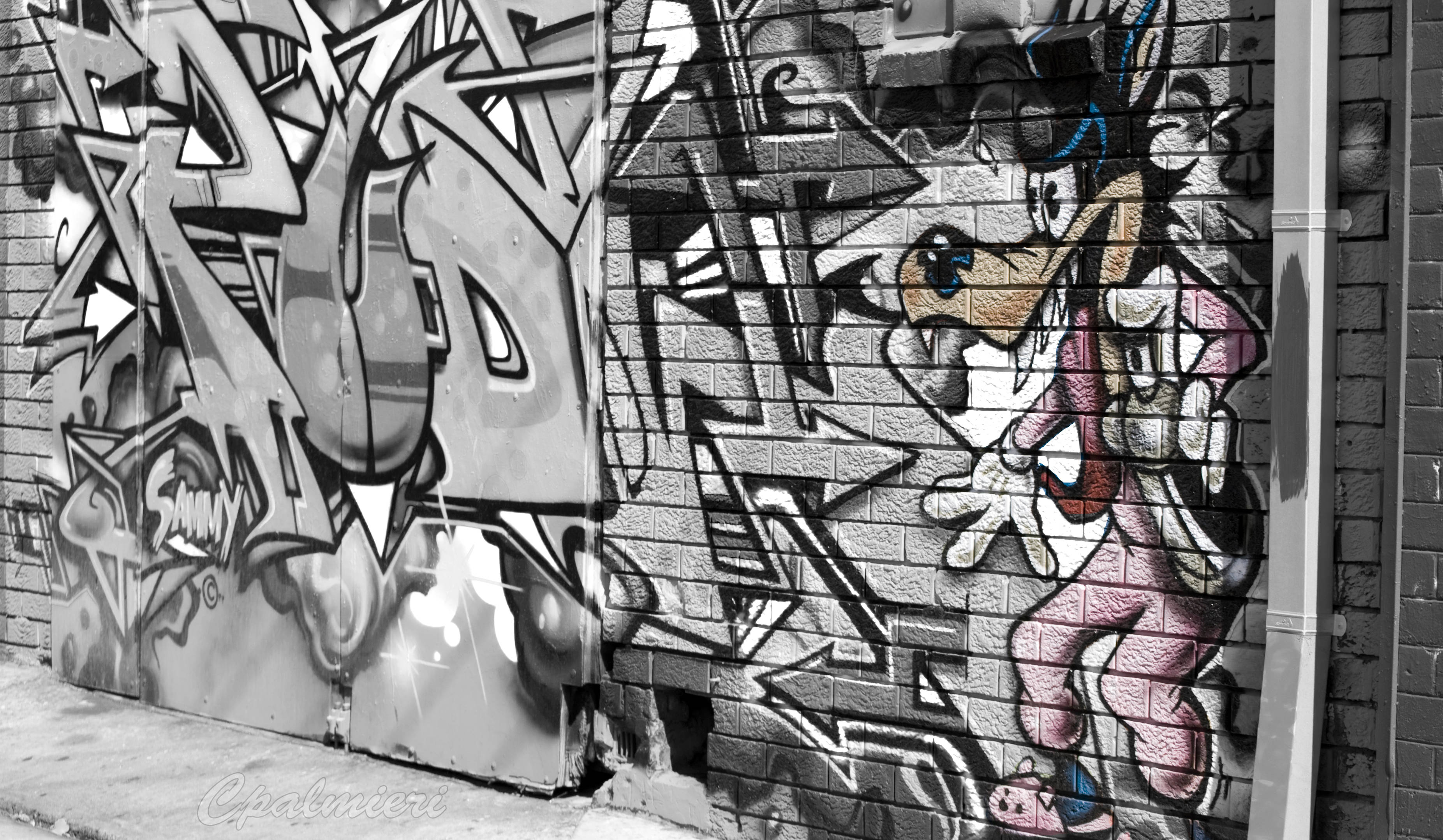 black and white graffiti, cartoon character, bold lettering, 2K Desktop Wallpaper