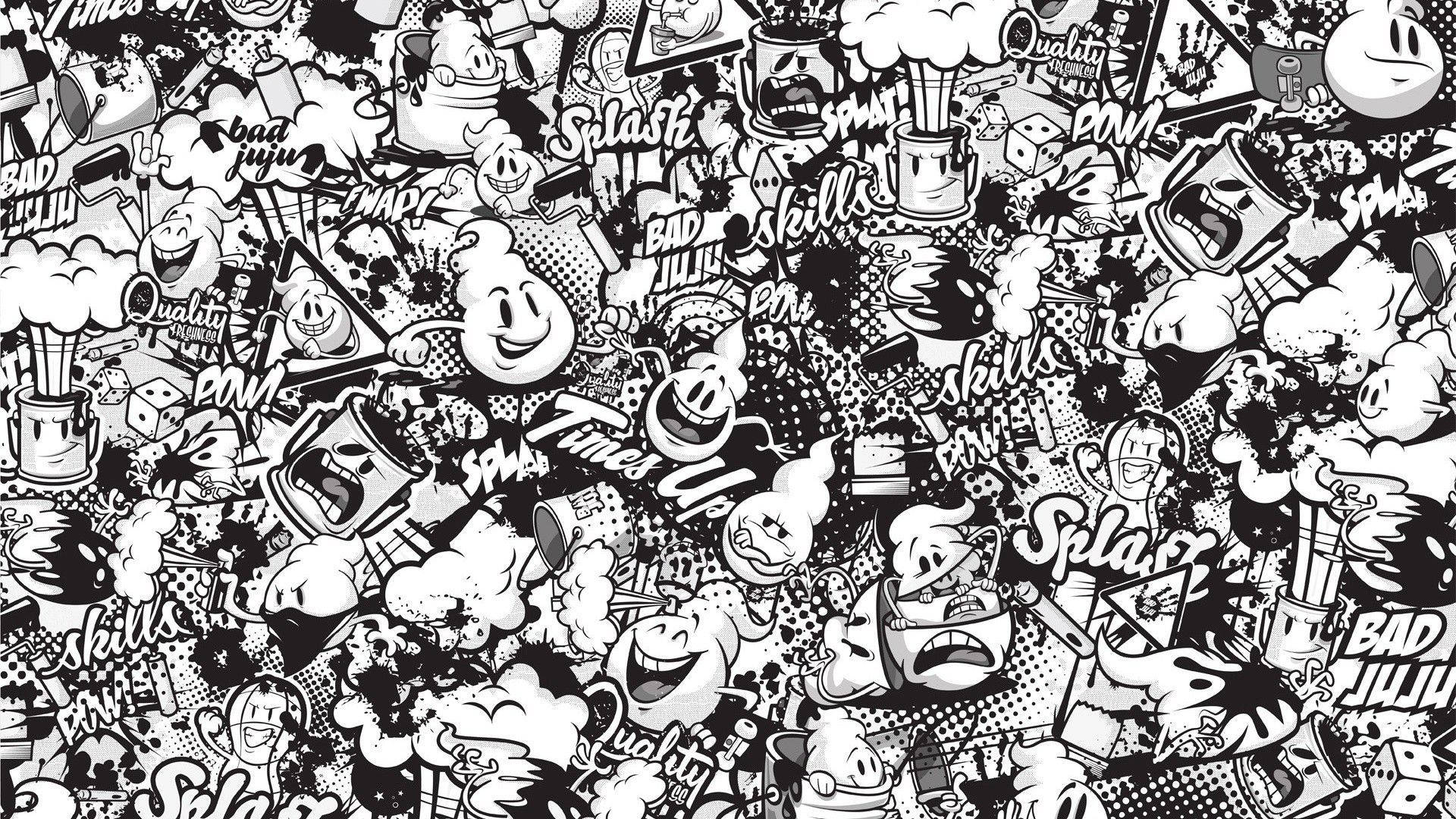 Black And White Graffiti, comic-style, cartoon characters, Full HD Desktop Wallpaper