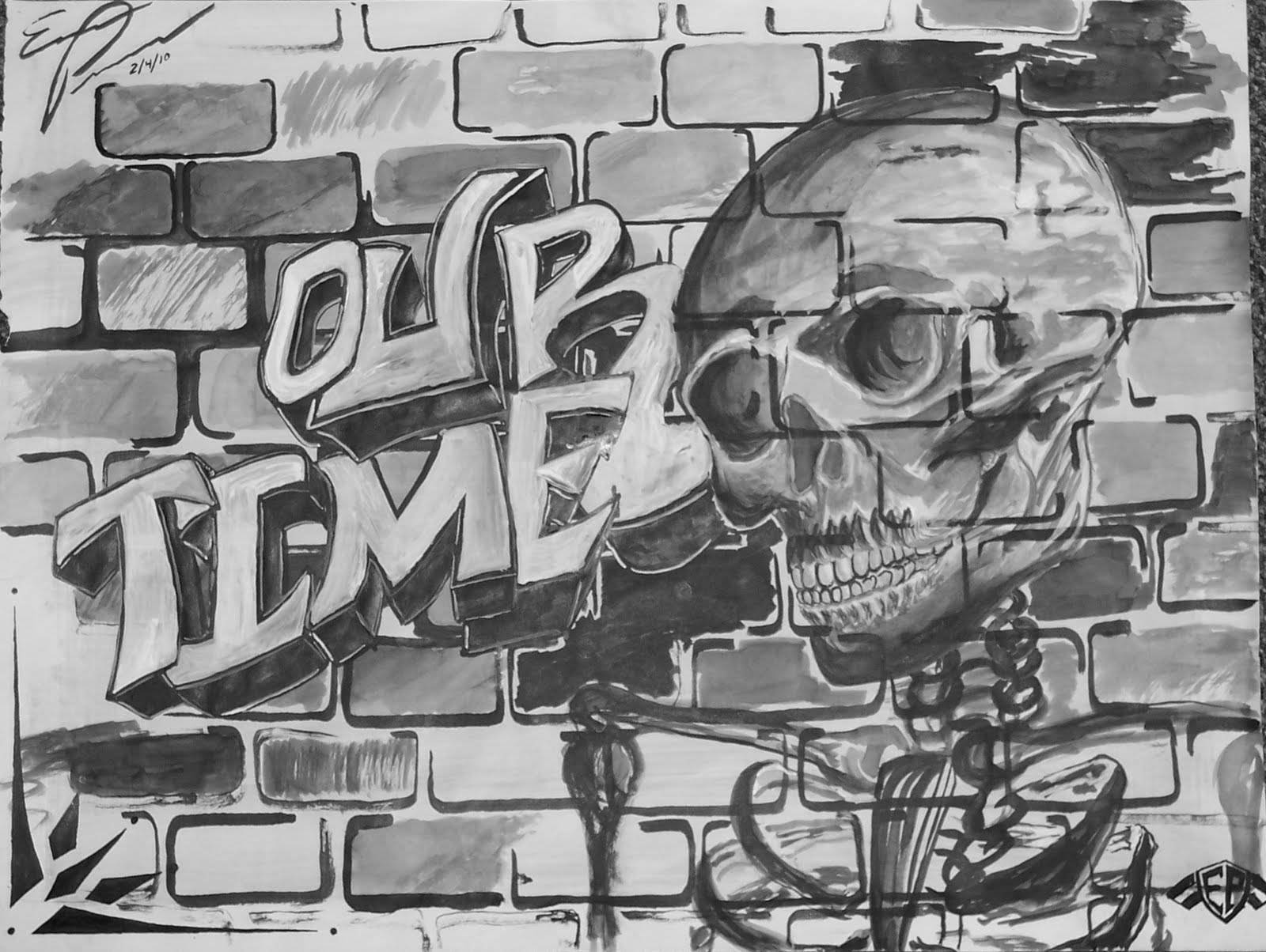 Black And White Graffiti, skull, OUR TIME, HD Desktop Wallpaper