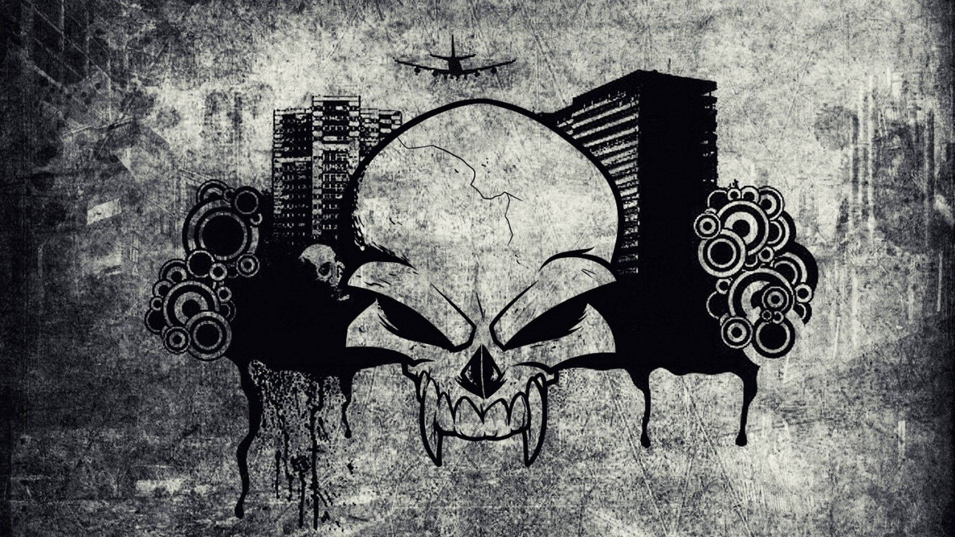 Black And White Graffiti Skull With Fangs, skull, sharp teeth, Full HD Desktop Wallpaper