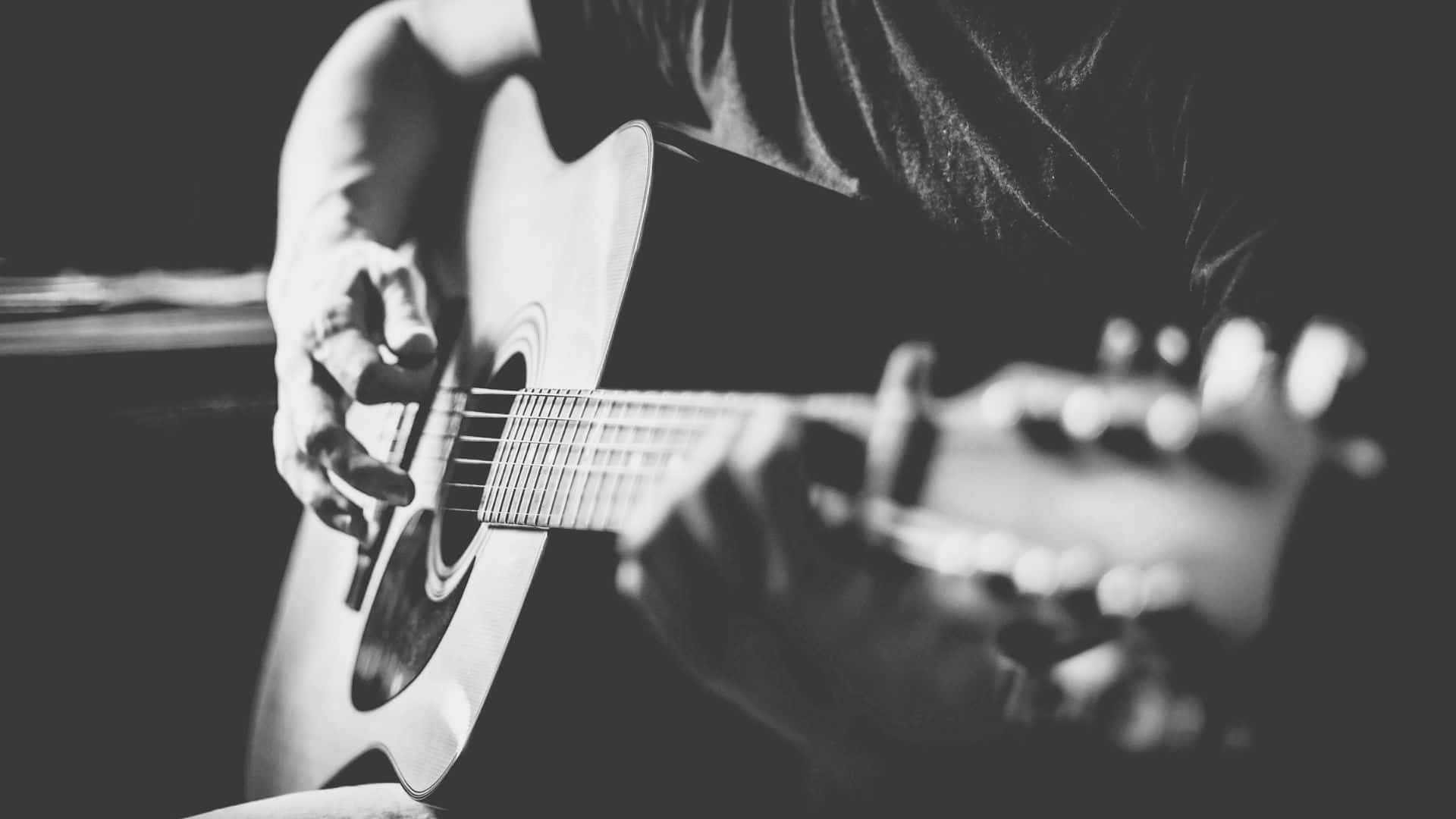 black and white guitar, acoustic guitar, hands, Full HD Desktop Wallpaper