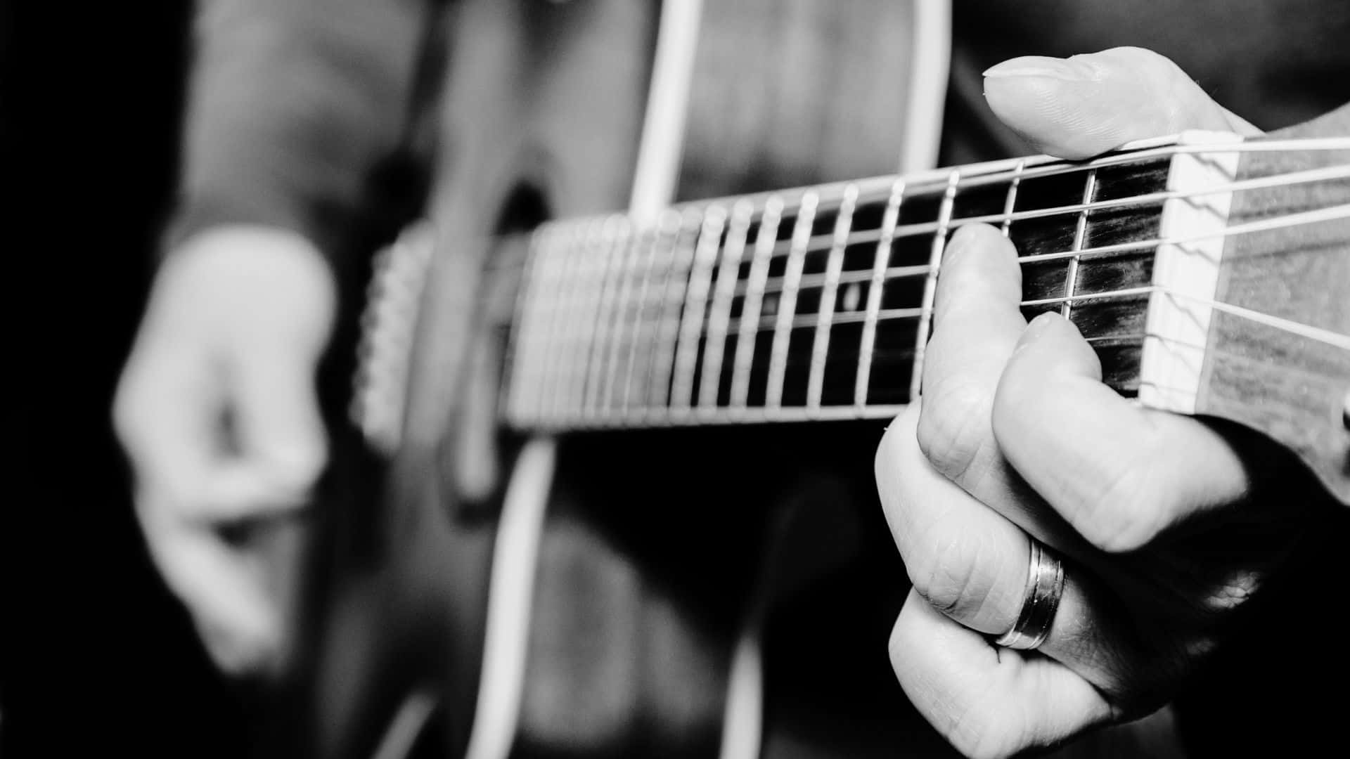 black and white guitar, acoustic guitar, hands, Full HD Desktop Wallpaper