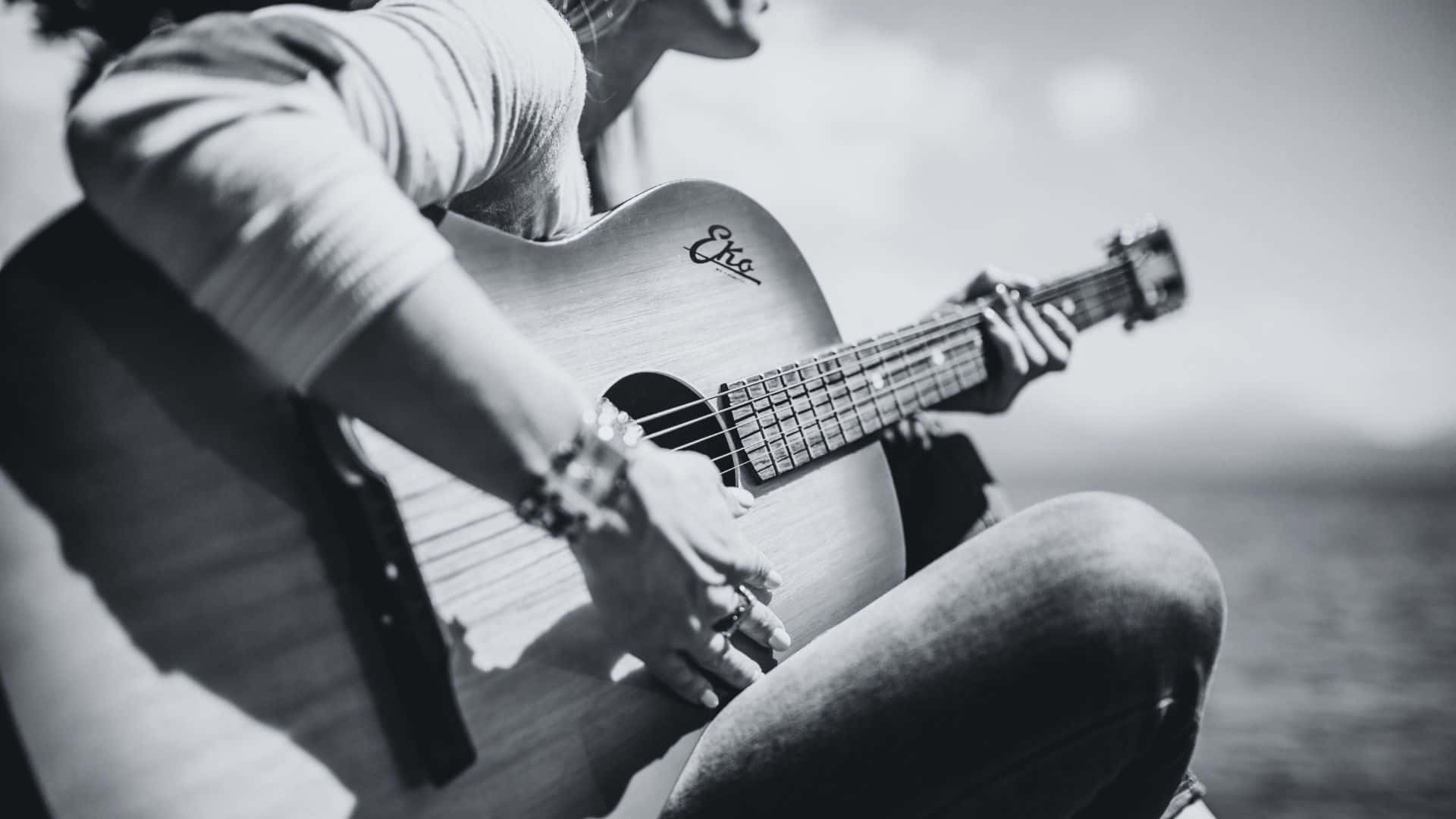 black and white guitar, acoustic guitar, water, Full HD Desktop Wallpaper