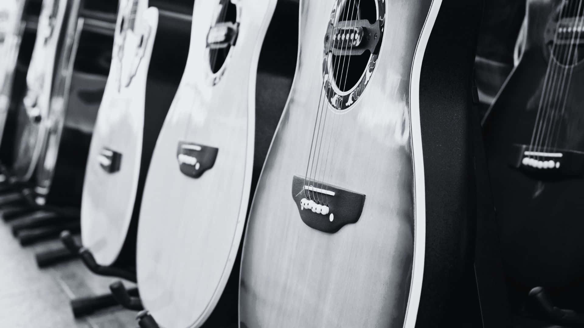 black and white guitar, acoustic guitars, shallow depth of field, Full HD Desktop Wallpaper