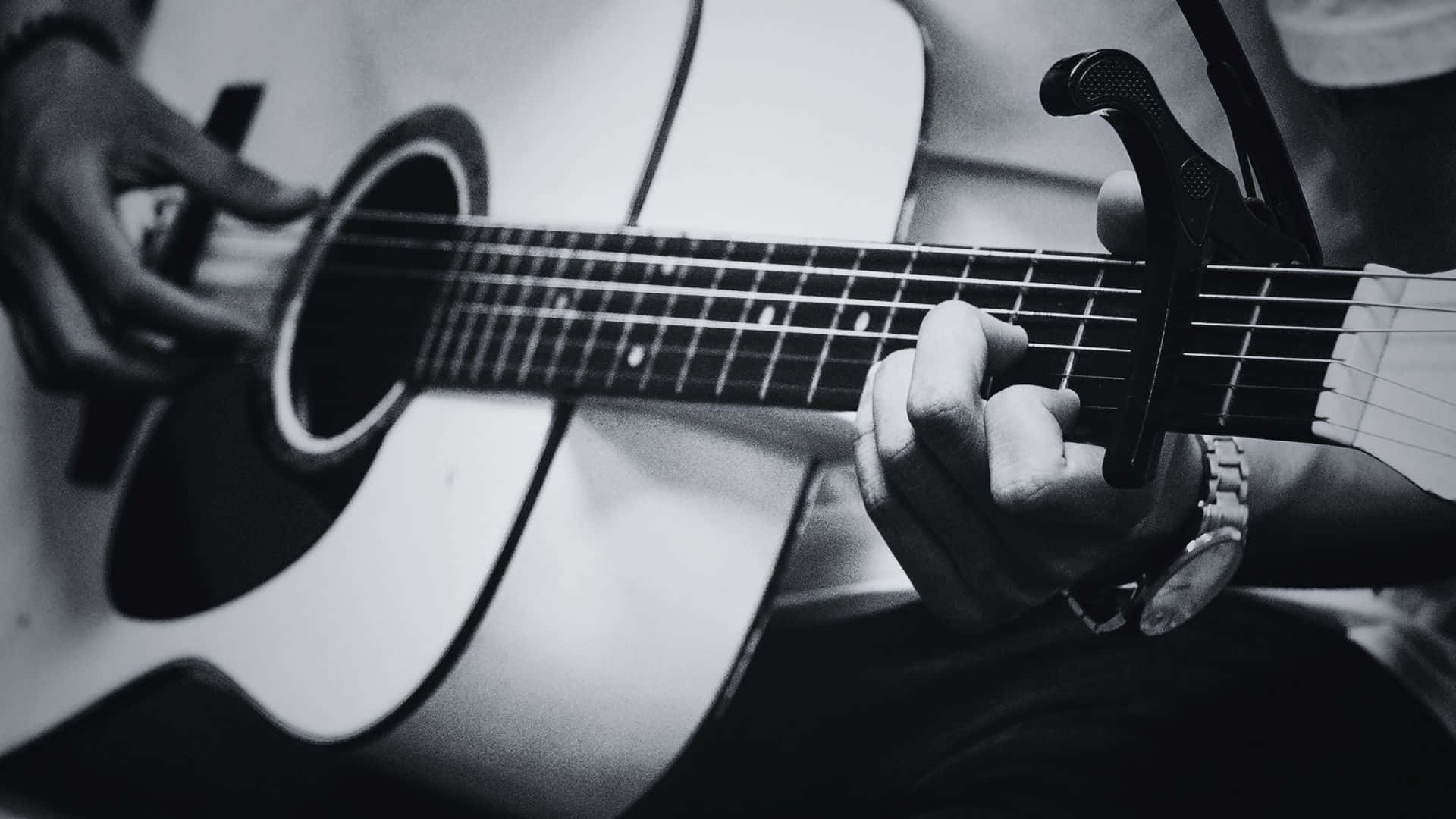 black and white, acoustic guitar, capo, Full HD Desktop Wallpaper