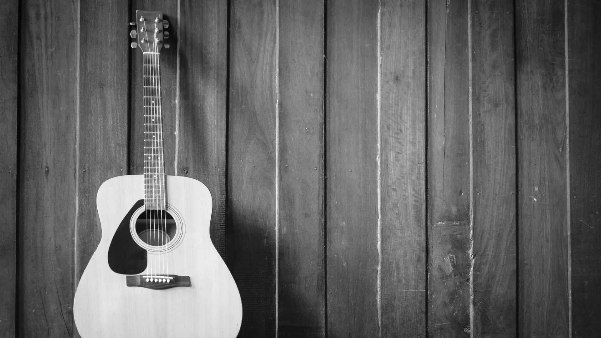Black and White Acoustic Guitar, grayscale background, weathered wooden wall, Full HD Desktop Wallpaper