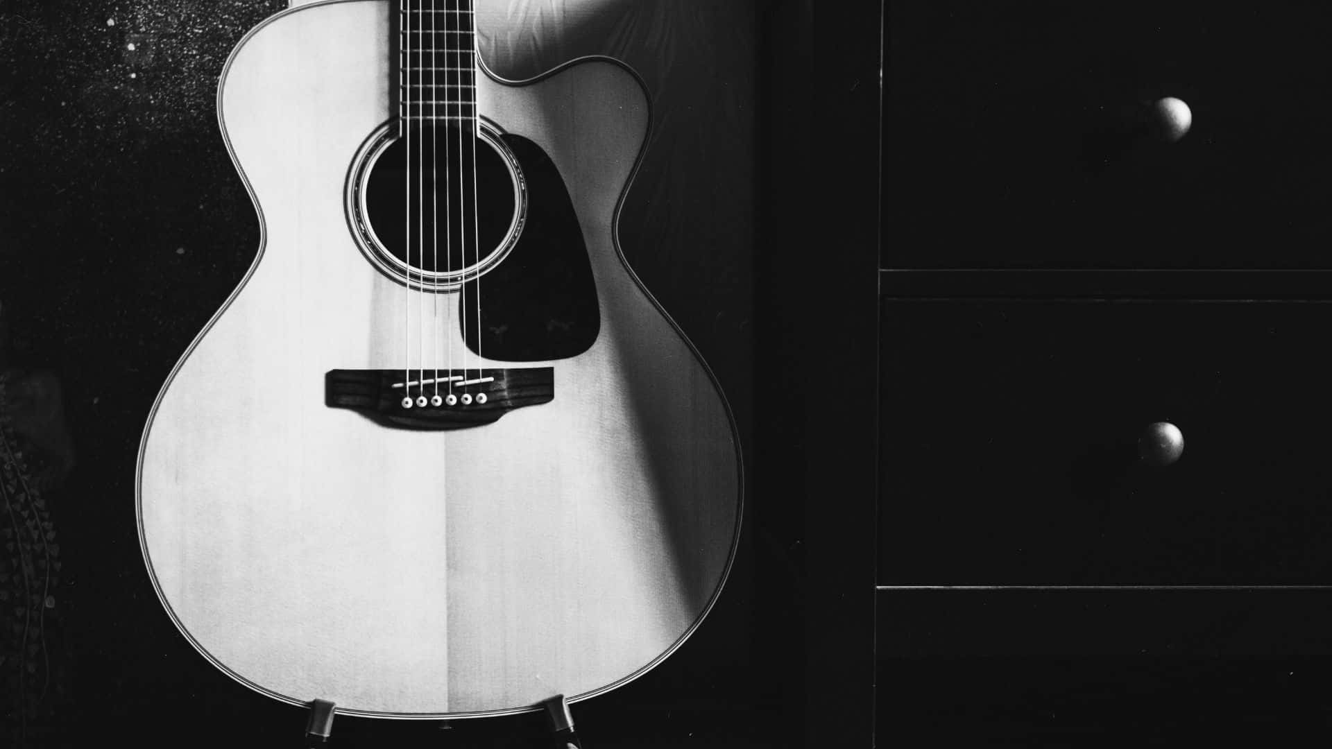 black and white guitar, acoustic guitar, dark dresser, Full HD Desktop Wallpaper