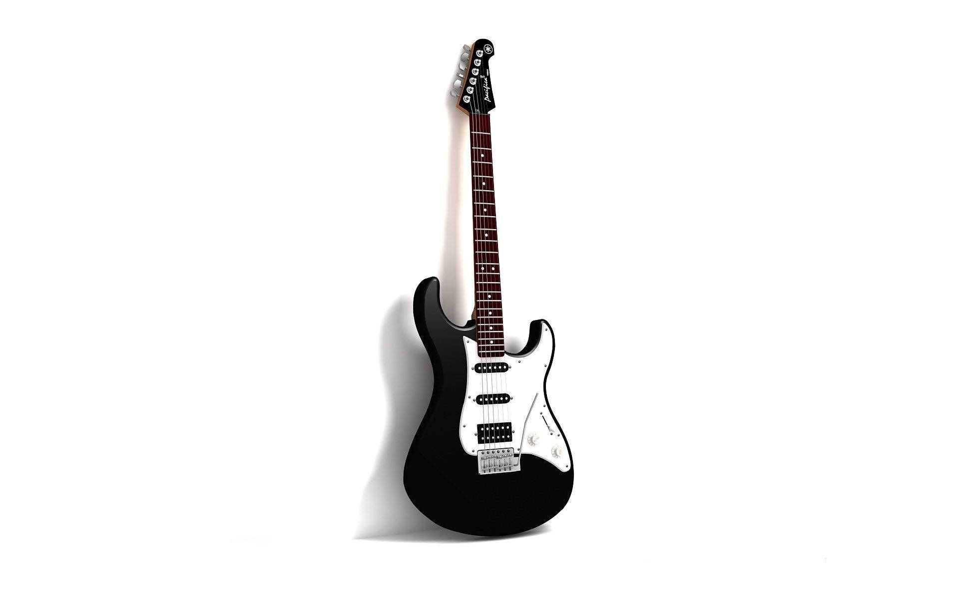 black electric guitar, white pickguard, stark white background, Full HD Desktop Wallpaper