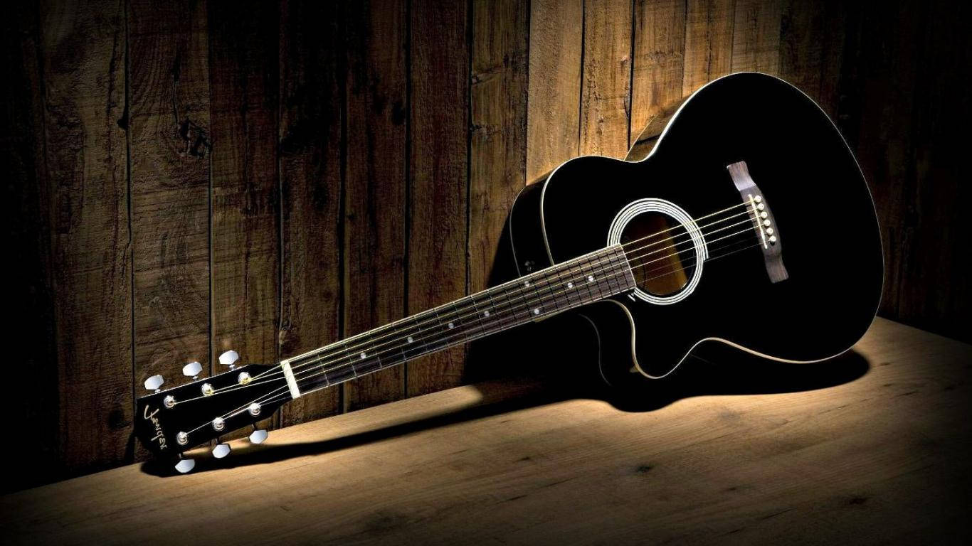 black acoustic guitar, wooden surface, rustic wood-paneled wall, HD Desktop Wallpaper
