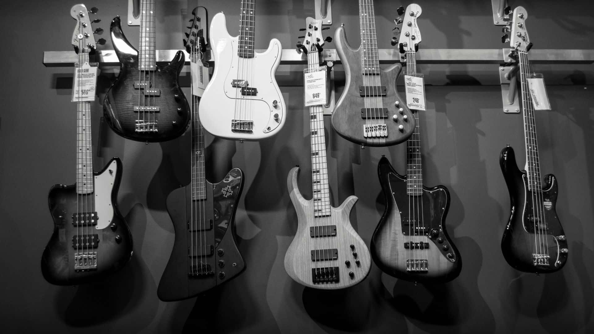 black and white guitar, bass guitars, monochrome background, Full HD Desktop Wallpaper