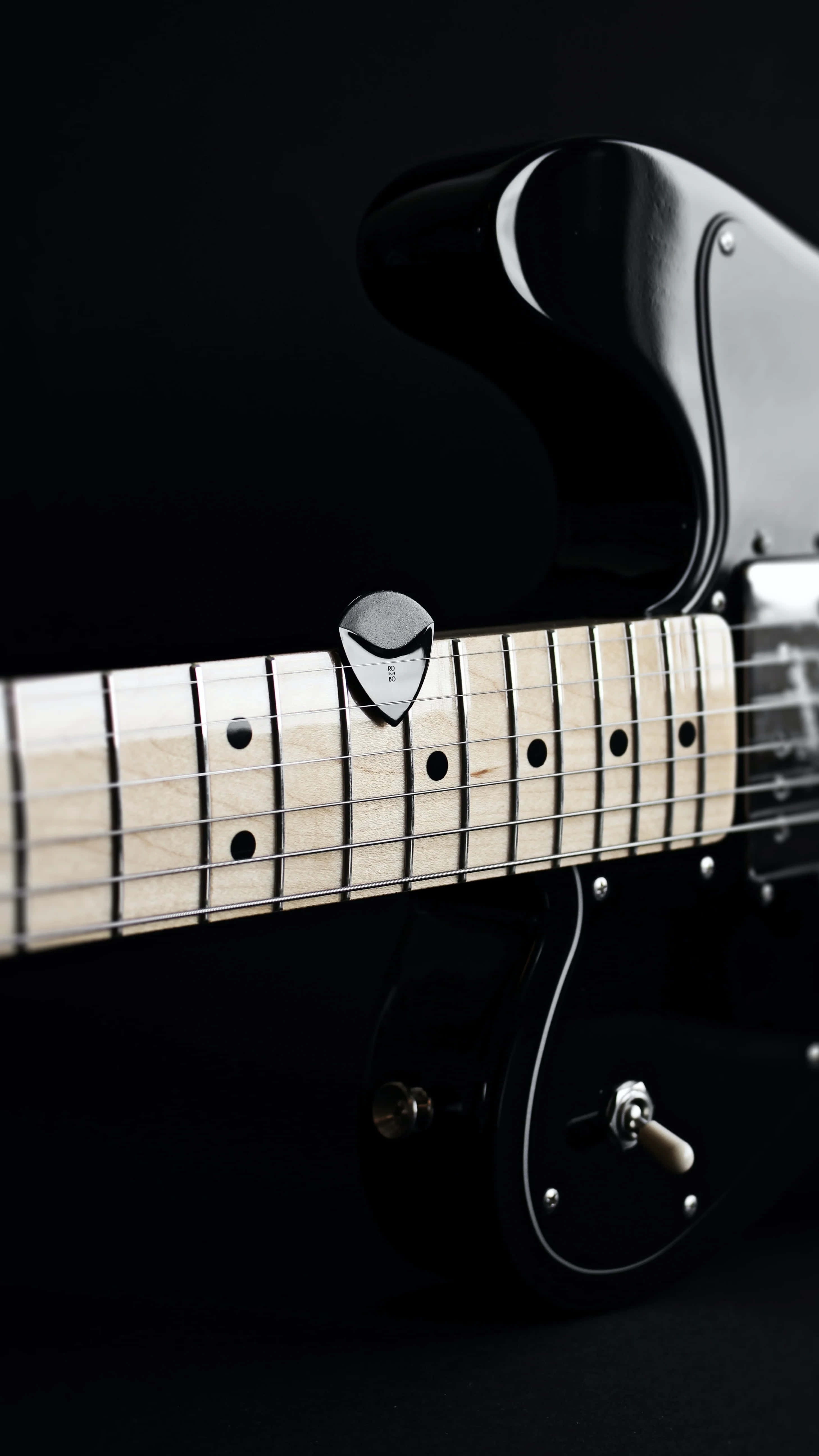 black electric guitar, silver pick, fretboard, 5K Phone Wallpaper