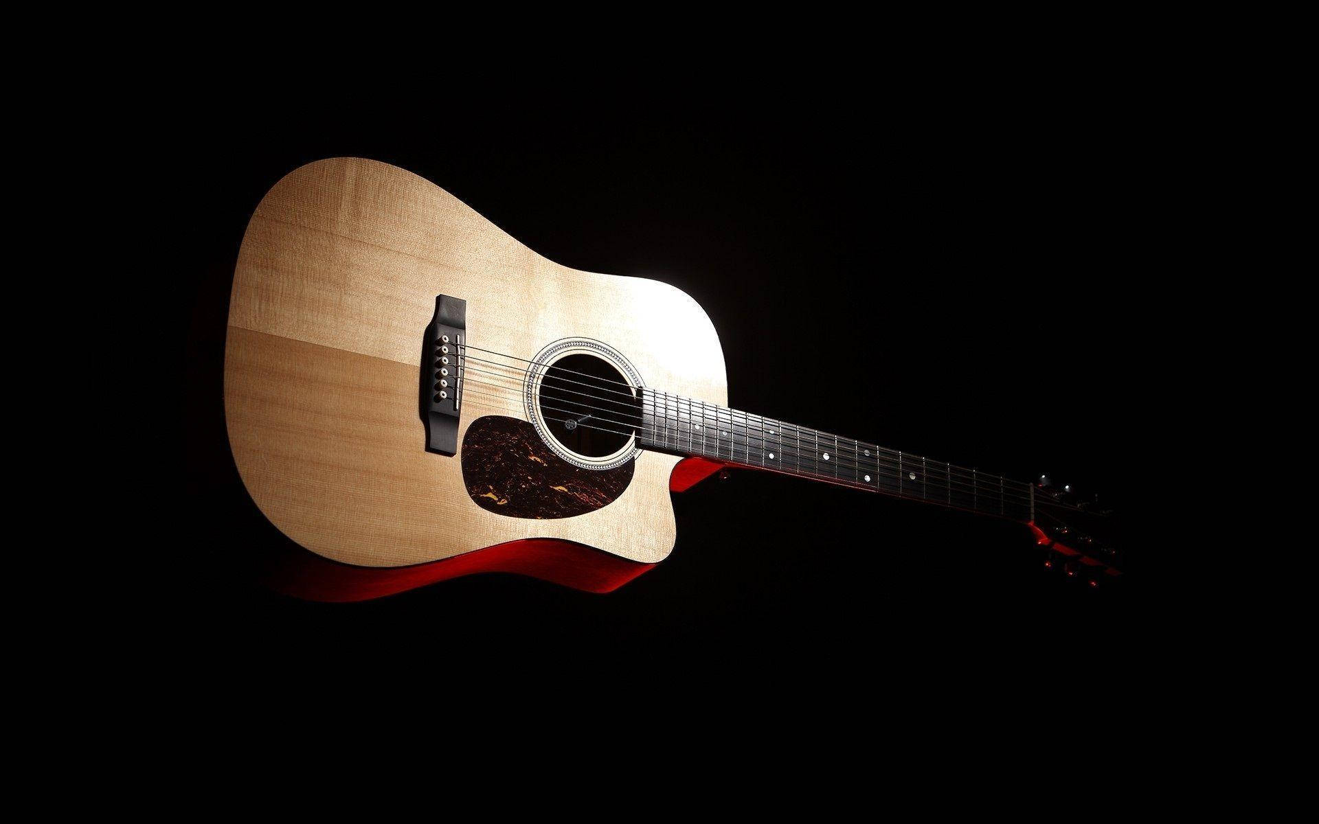 acoustic guitar, light wood, red shadow, Full HD Desktop Wallpaper