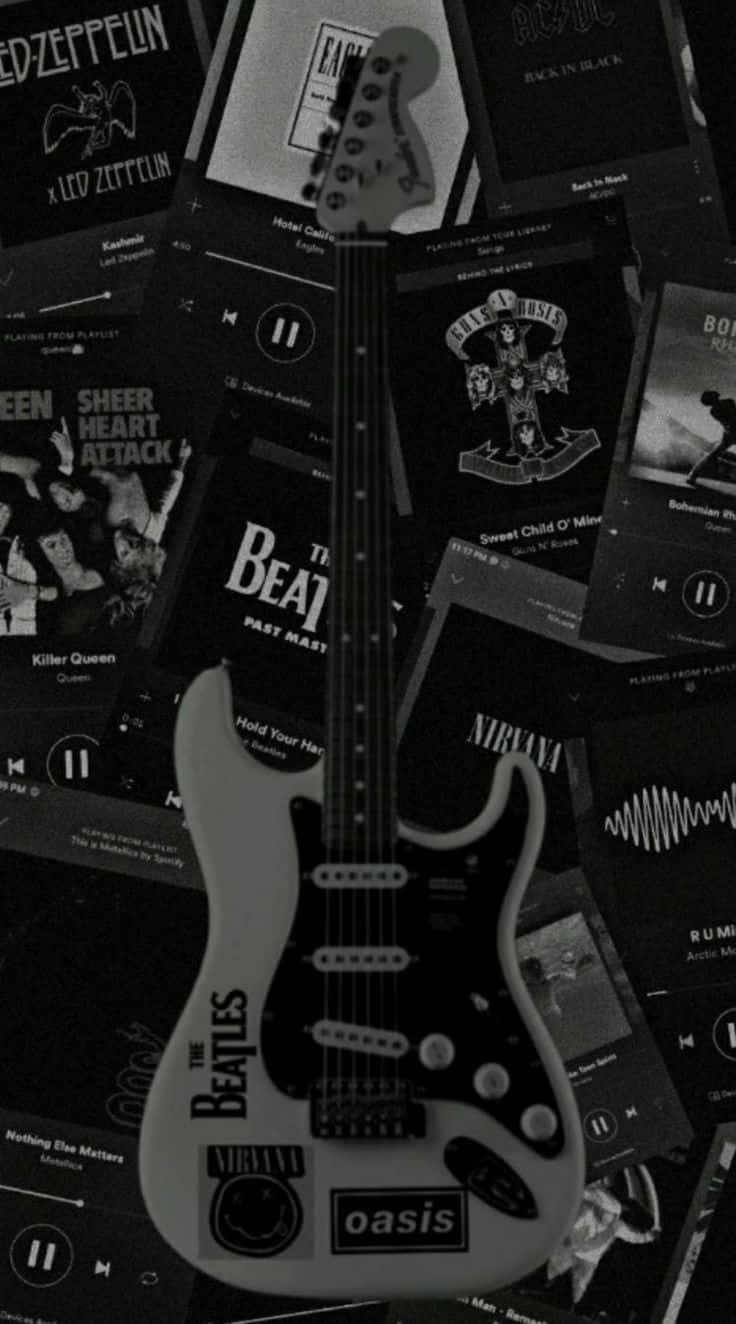 white electric guitar, band stickers, monochrome collage, HD Phone Wallpaper