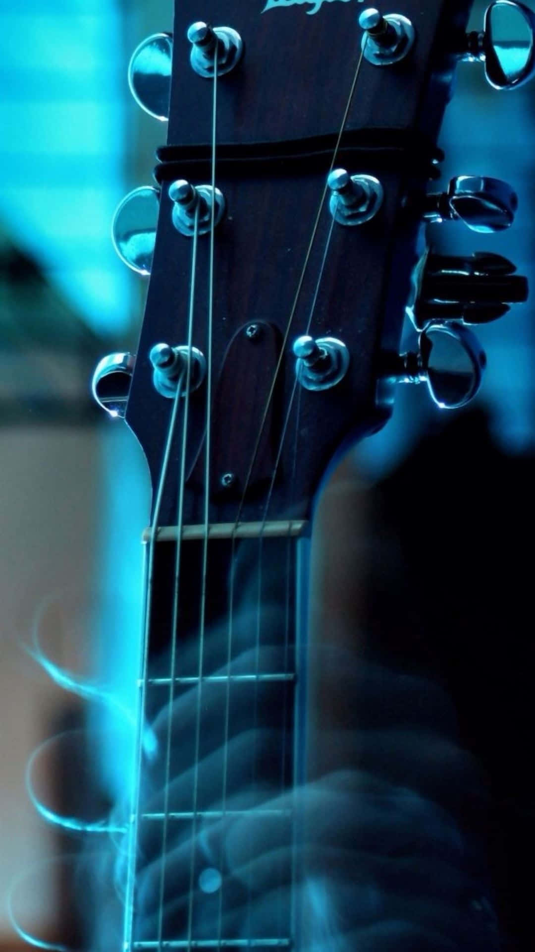 guitar headstock, metallic tuning pegs, strings glowing under cool blue light, Full HD Phone Wallpaper