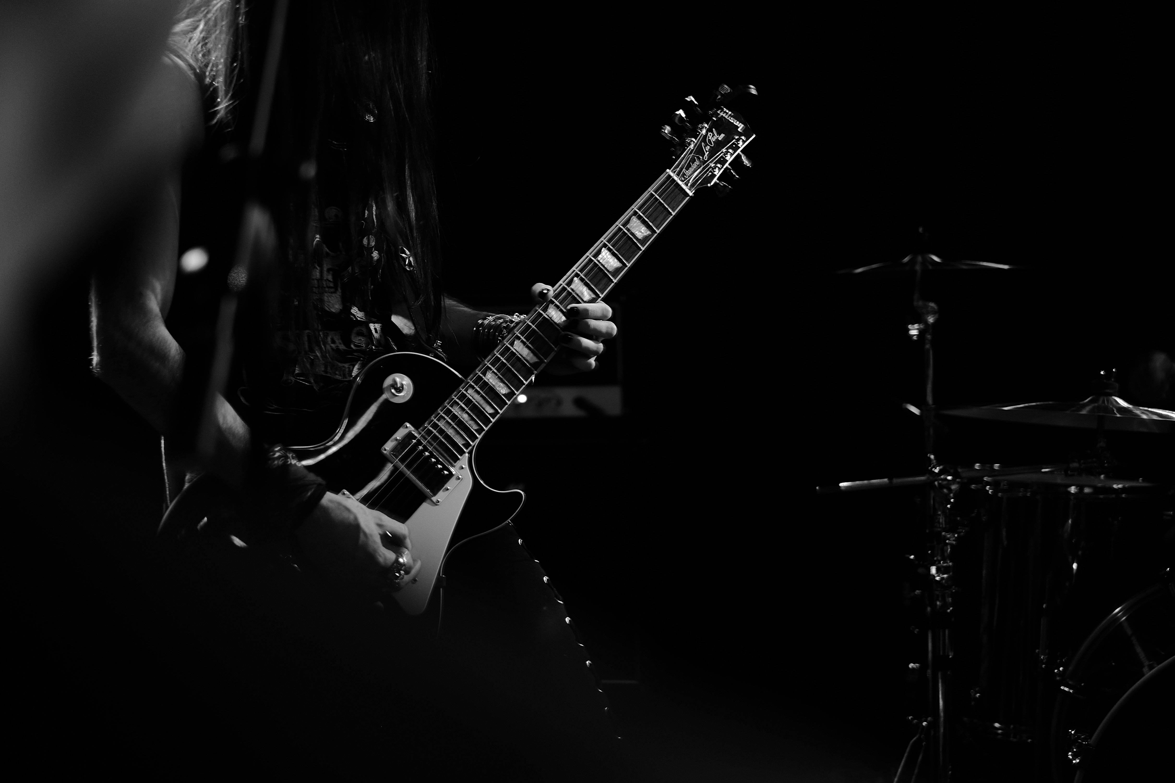 guitarist electric guitar, black electric guitar, stage, 4K Desktop Wallpaper