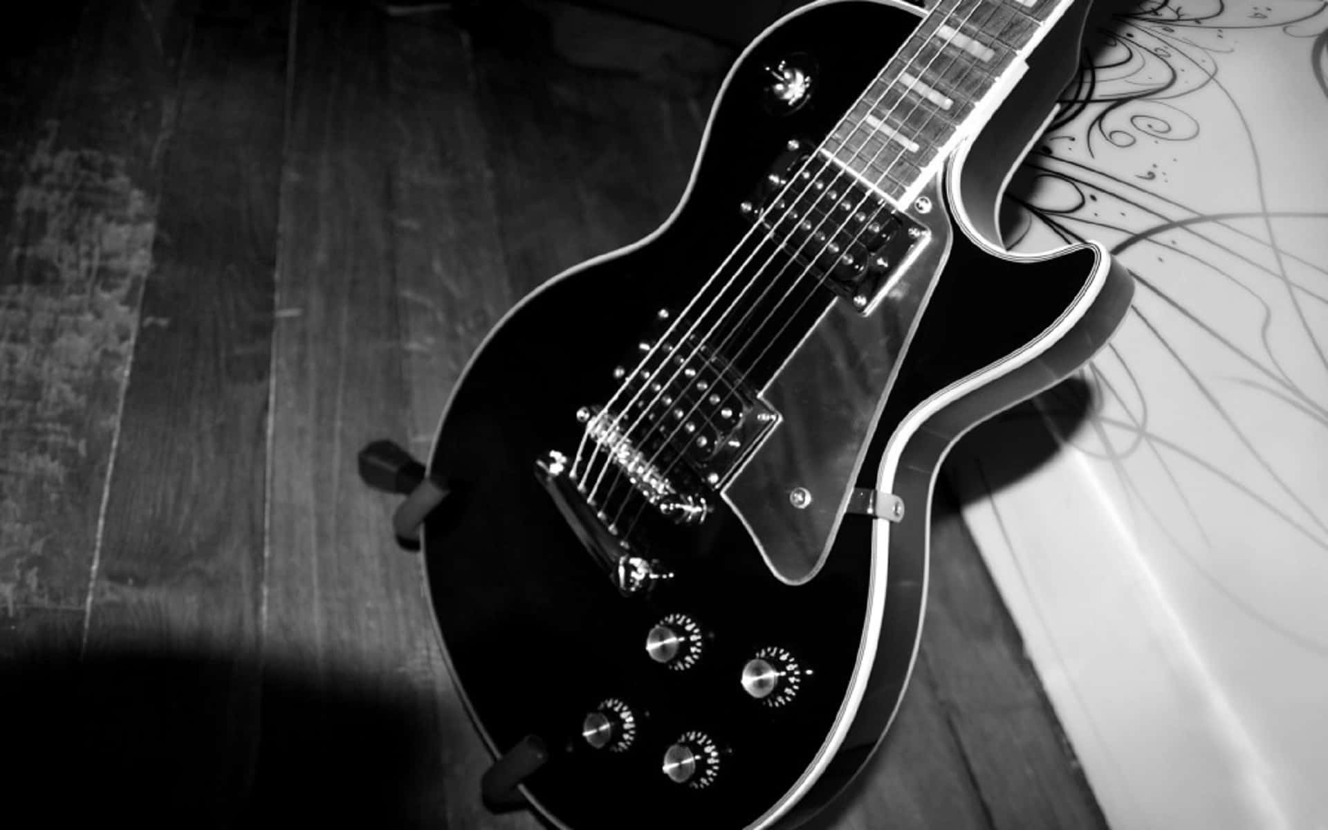 black electric guitar, wooden floor, patterned surface, Full HD Desktop Wallpaper