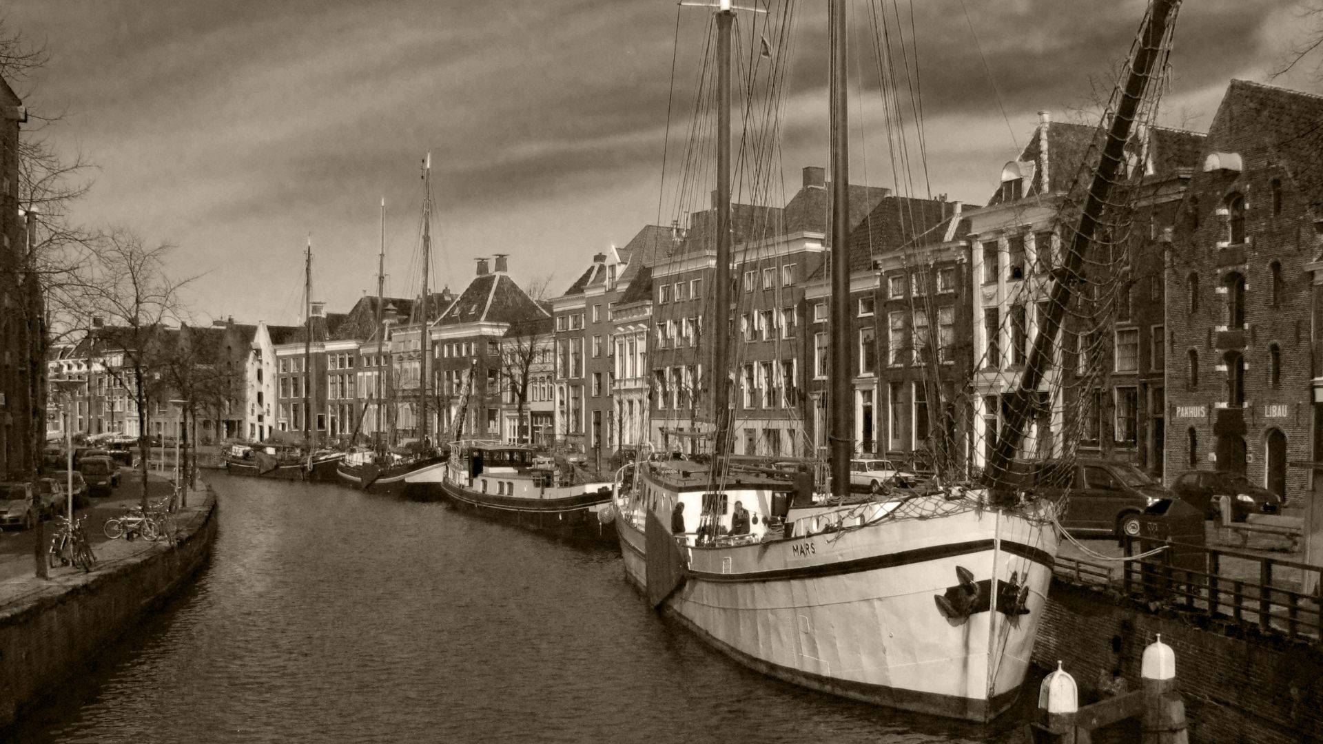 canal, boats, houses, Full HD Desktop Wallpaper