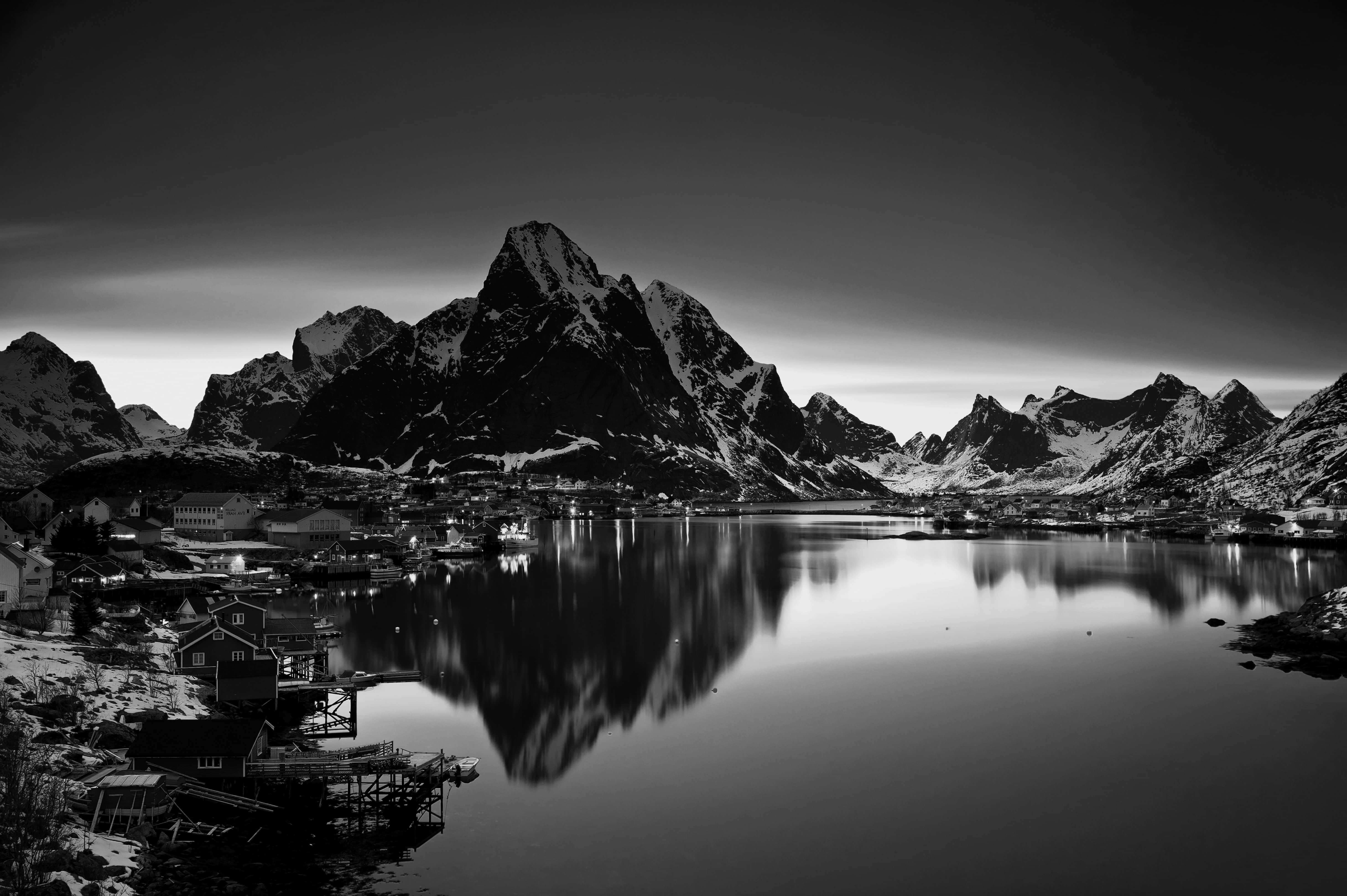 Monochrome Mountain With Lake, snow capped mountains, calm waters, 5K Desktop Wallpaper